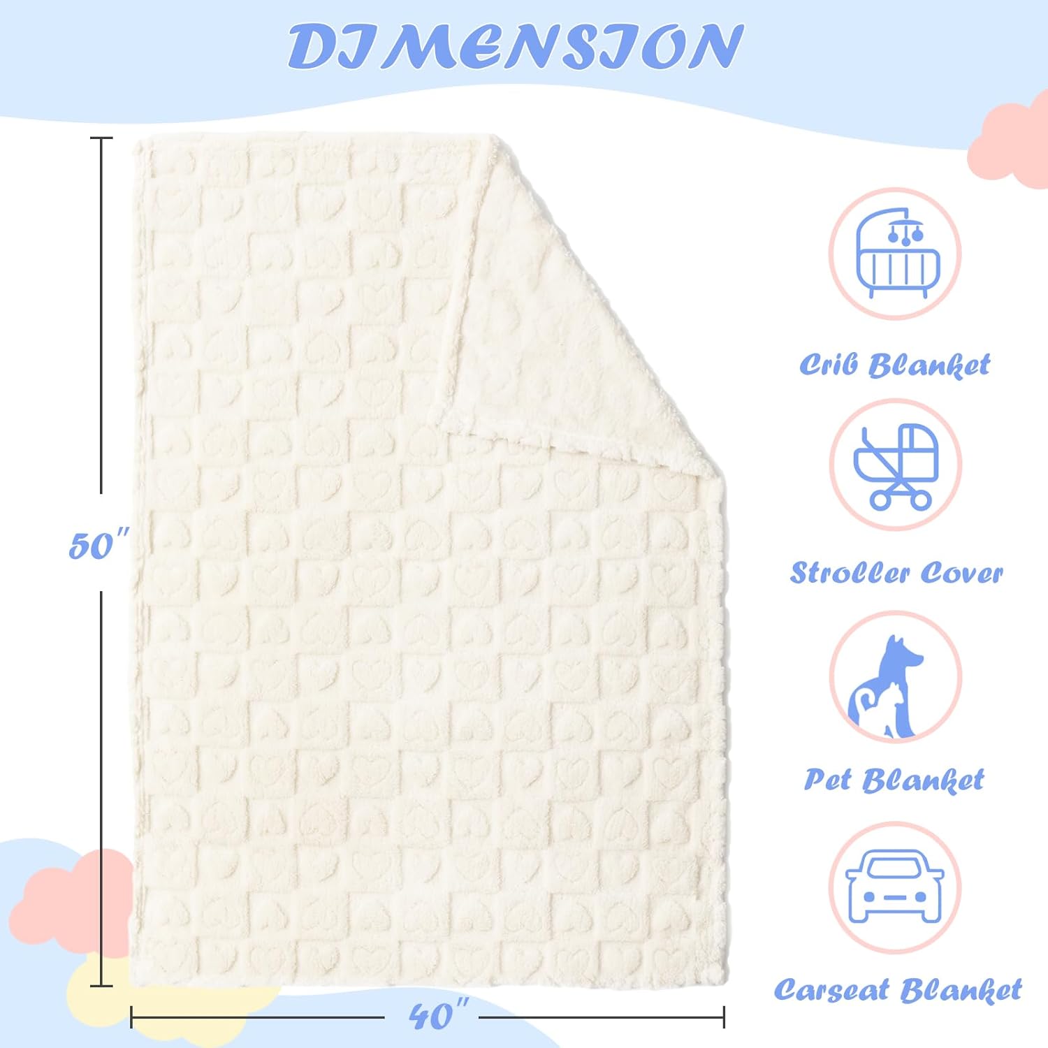 Excervent 3D Heart Checkered Flannel Blanket - 30x40 Inches Ivory