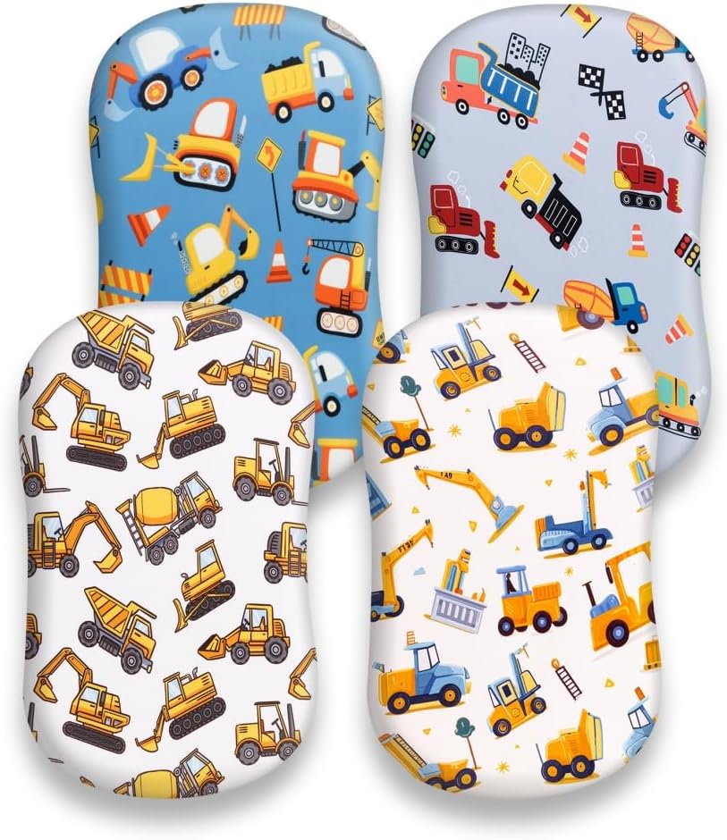 4 Pack Baby Boy Bassinet Sheets Set with Construction Truck and Dinosaur Theme