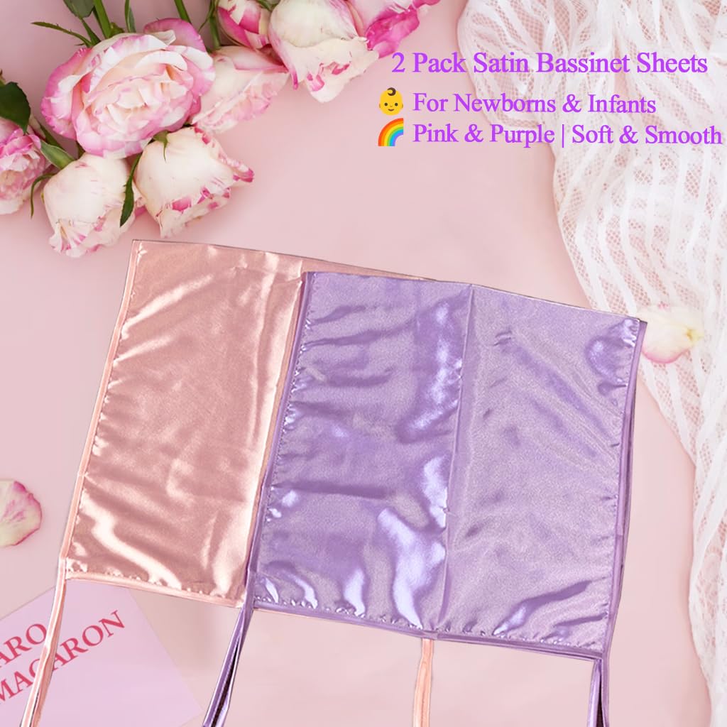 Okueejur 2 Pcs Satin Bassinet Sheets Pink Purple