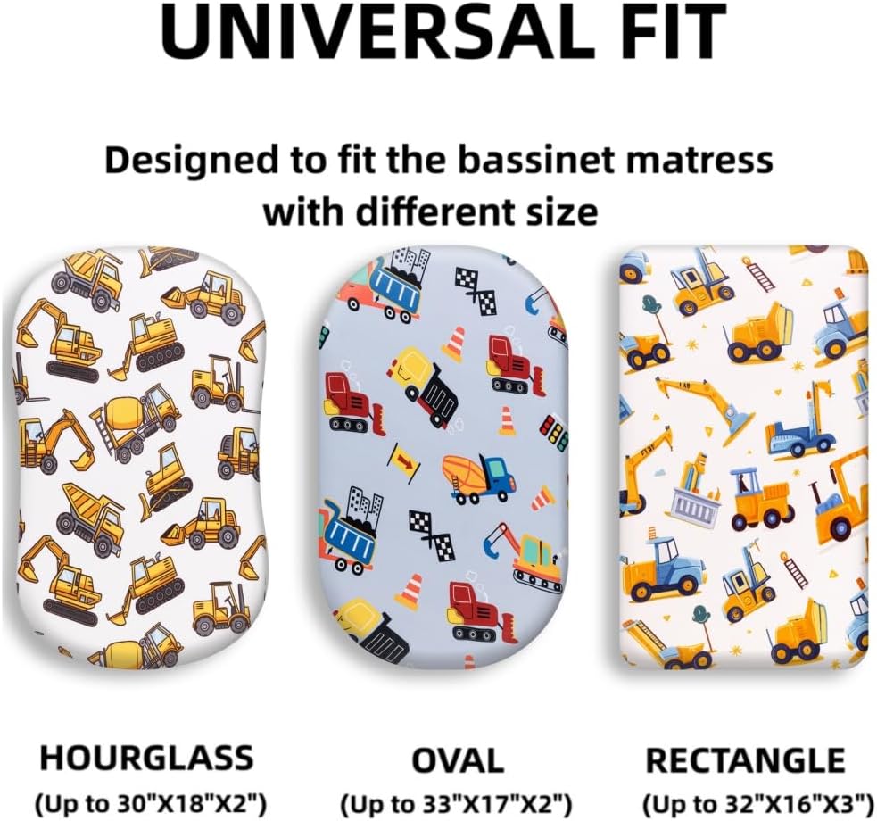 4 Pack Baby Boy Bassinet Sheets Set with Construction Truck and Dinosaur Theme