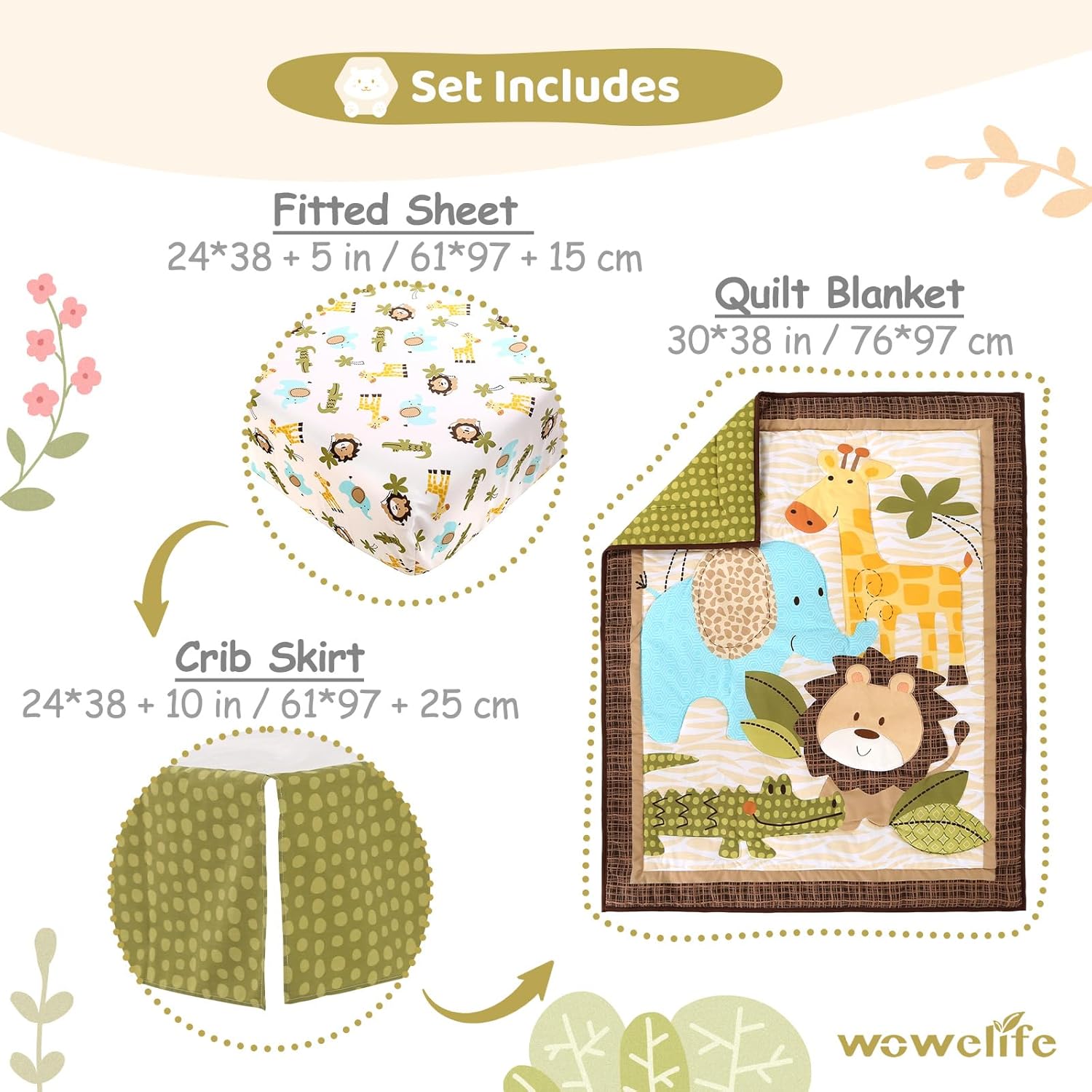 Wowelife Mini Crib Bedding Set for Boys Safari Theme