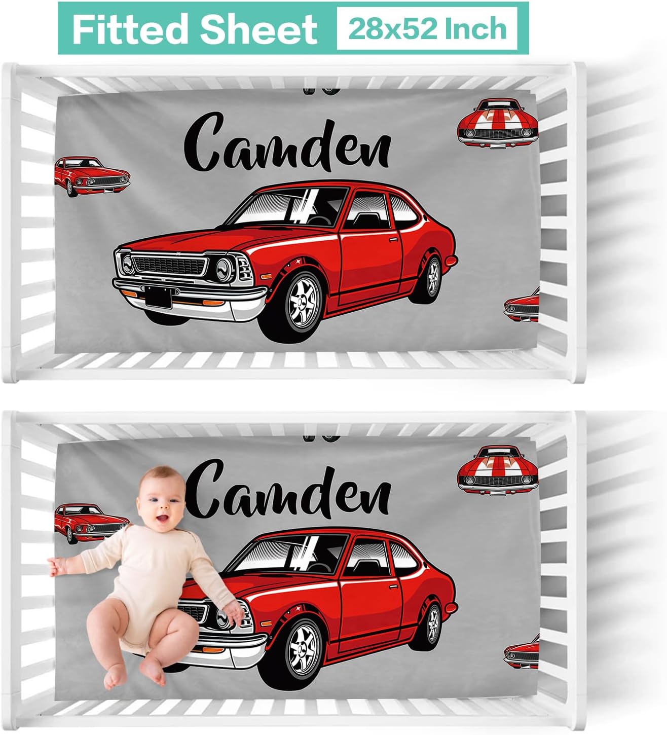 Custom Crib Bedding Set with Car Design - Personalized Name for Newborns
