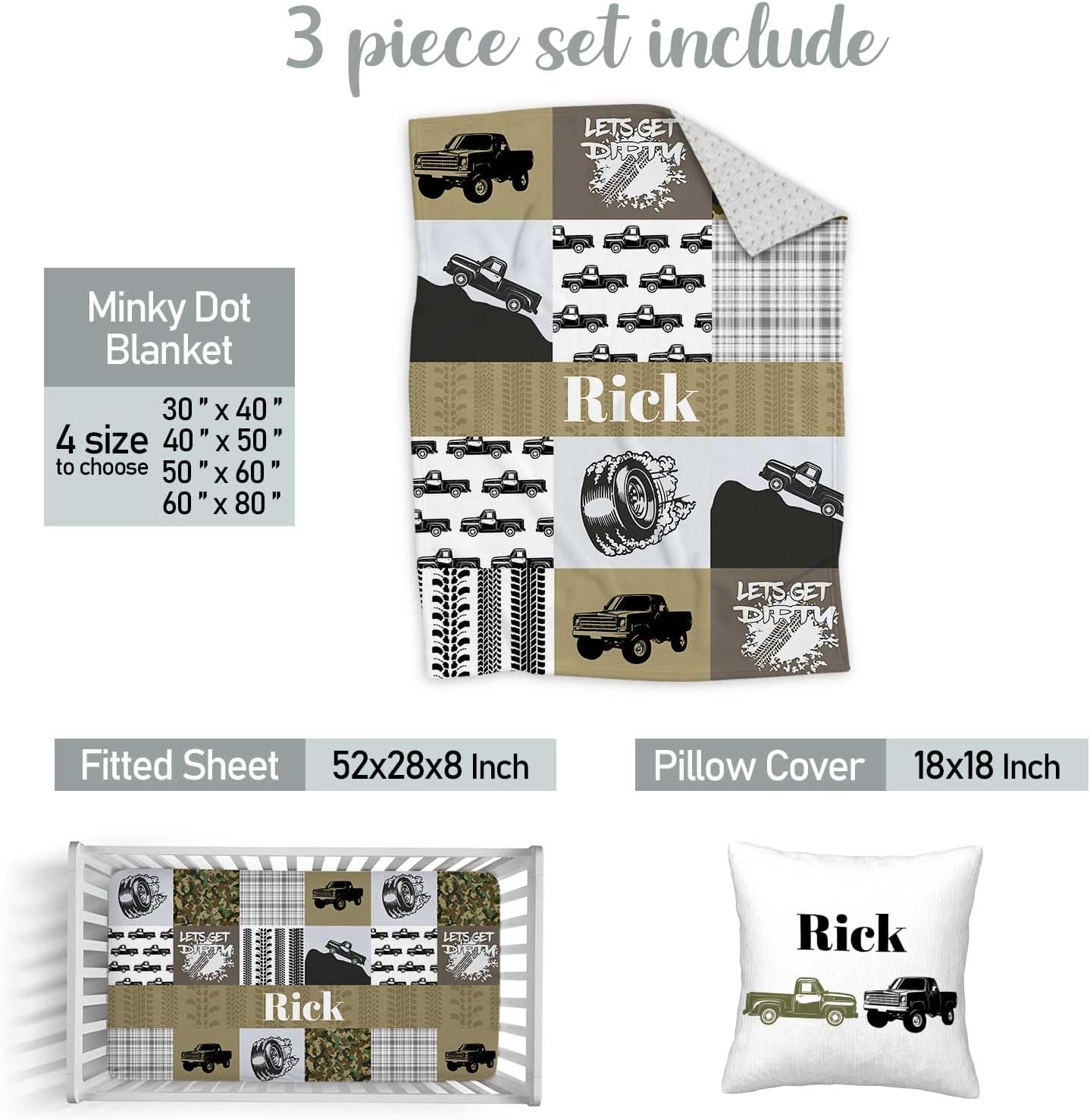 Custom Baby Crib Bedding Set for Boys Personalized Name 3-Piece Set