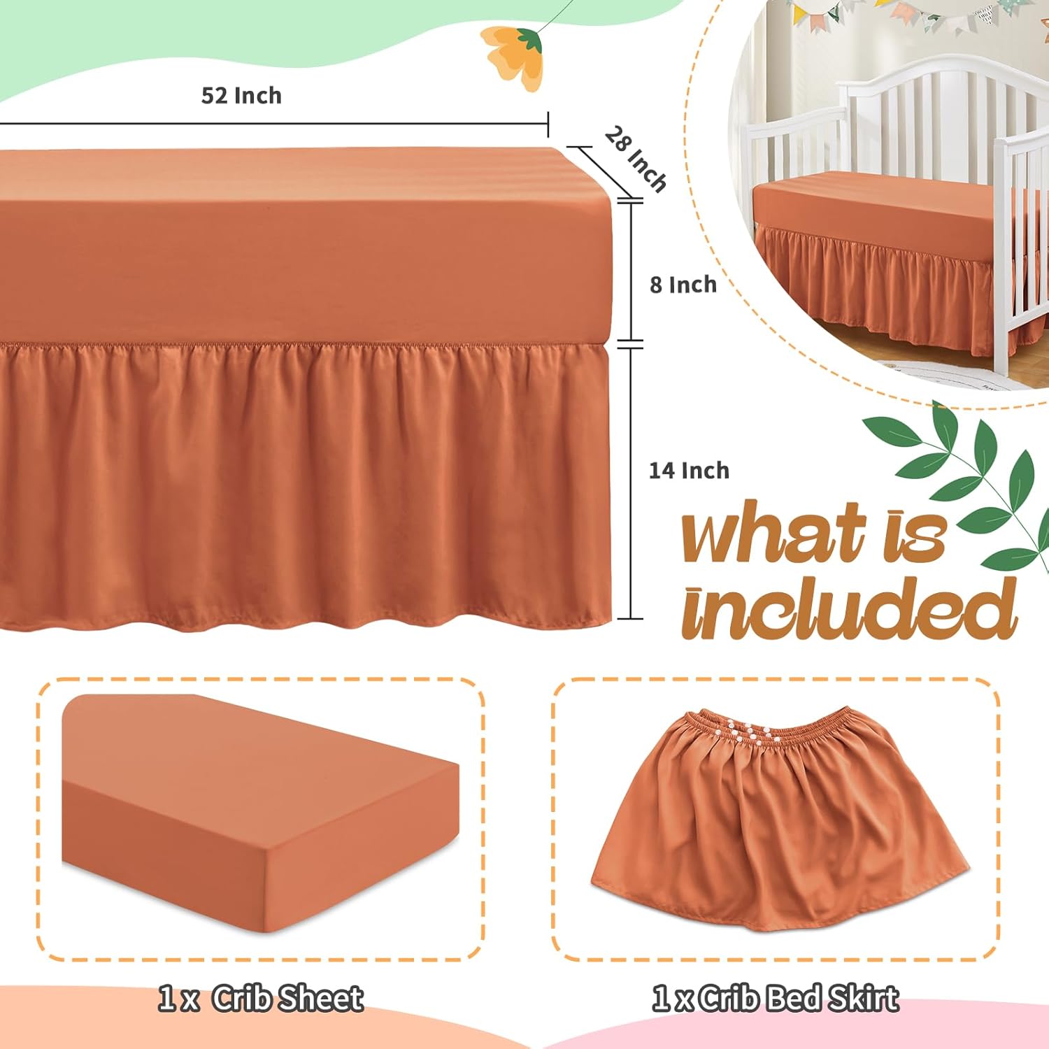 SiinvdaBZX 2-Piece Crib Skirt Sheet Set - Rust Orange