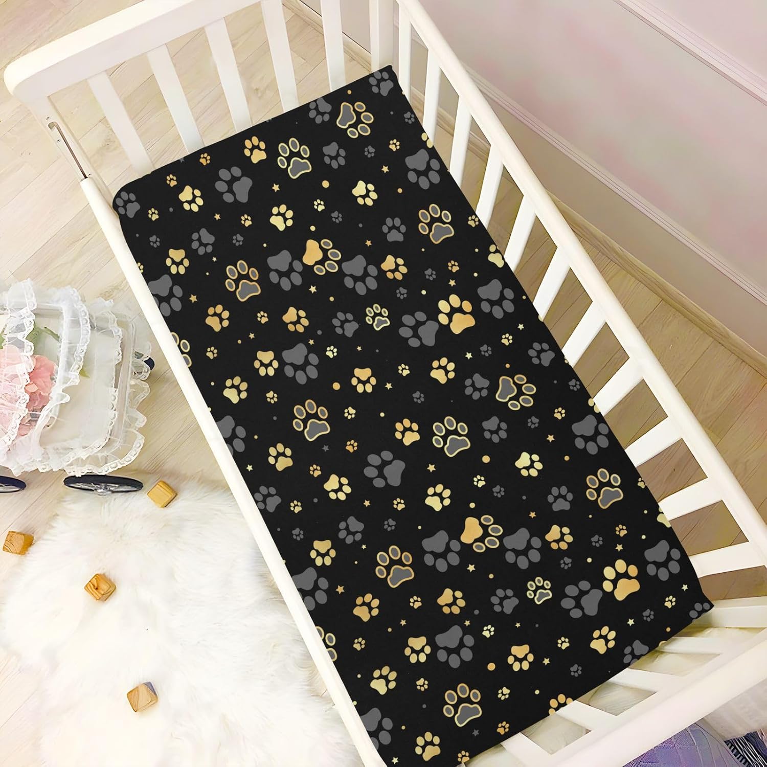 Baby Crib Sheet with Dog Paw Print and Star Design
