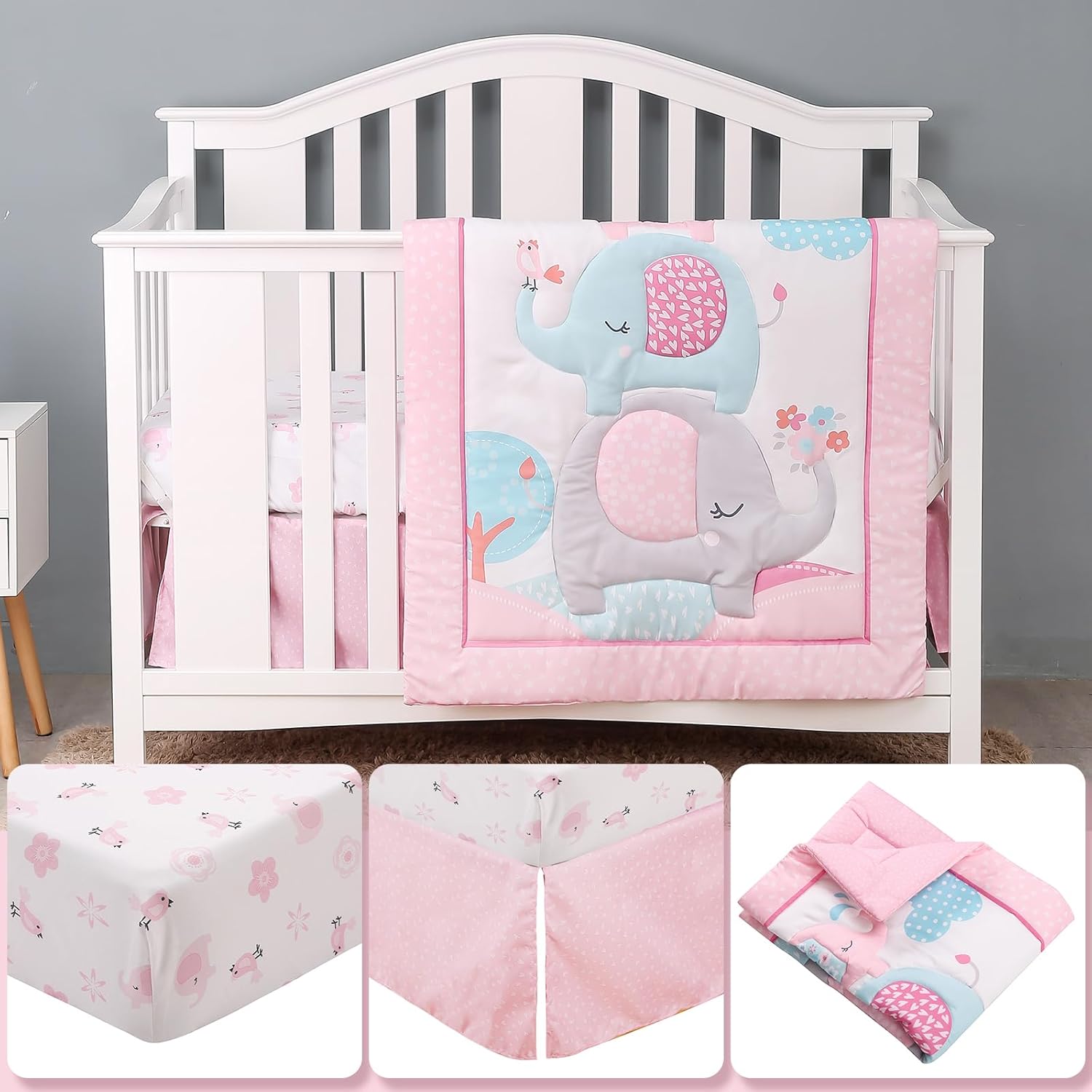 YCDTMY 3 Piece Crib Bedding Set for Girls - Pink Elephant