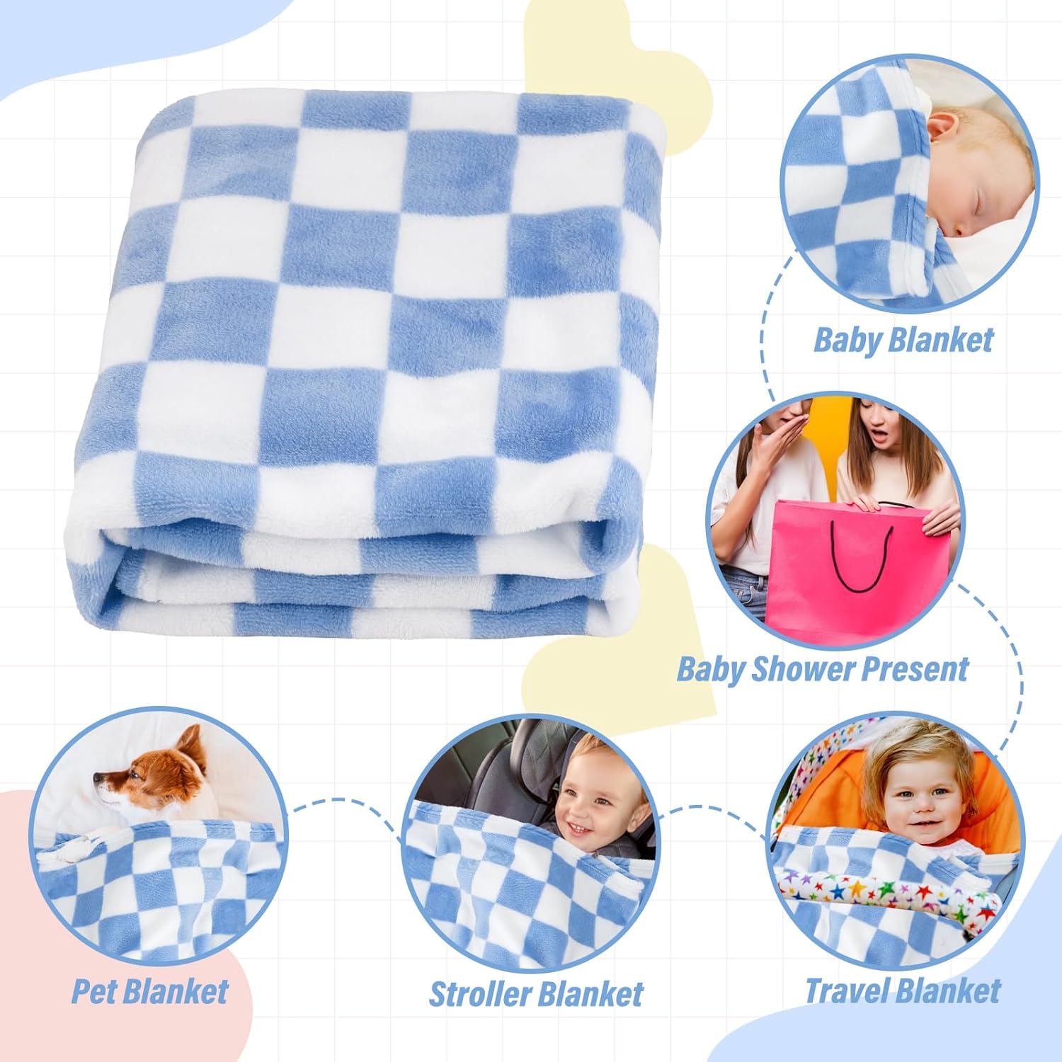 GreatBba Plush Checkered Baby Blanket 30x40 Blue White