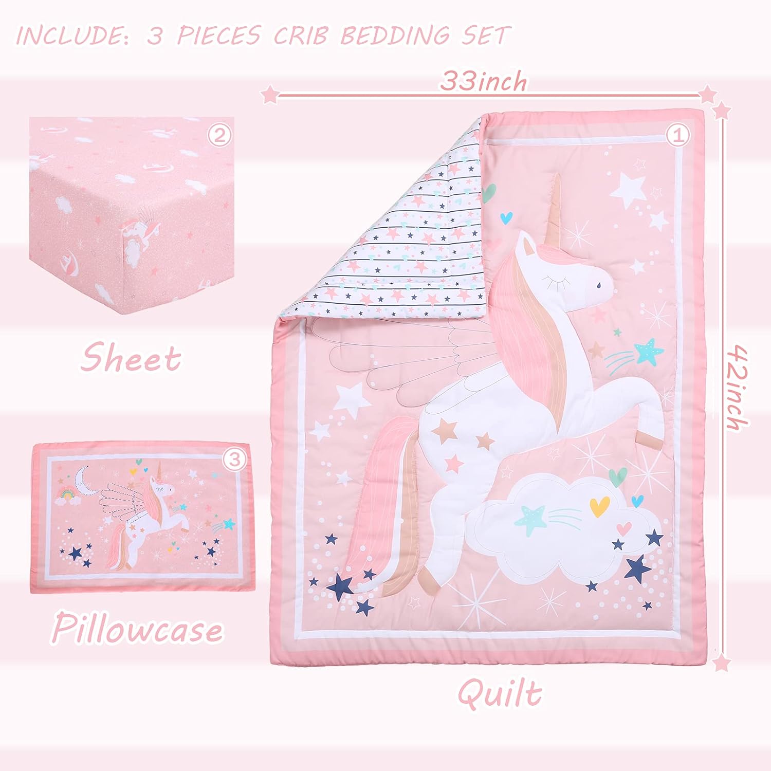 UOMNY Crib Bedding Set Girls - Pink Star 3 Piece