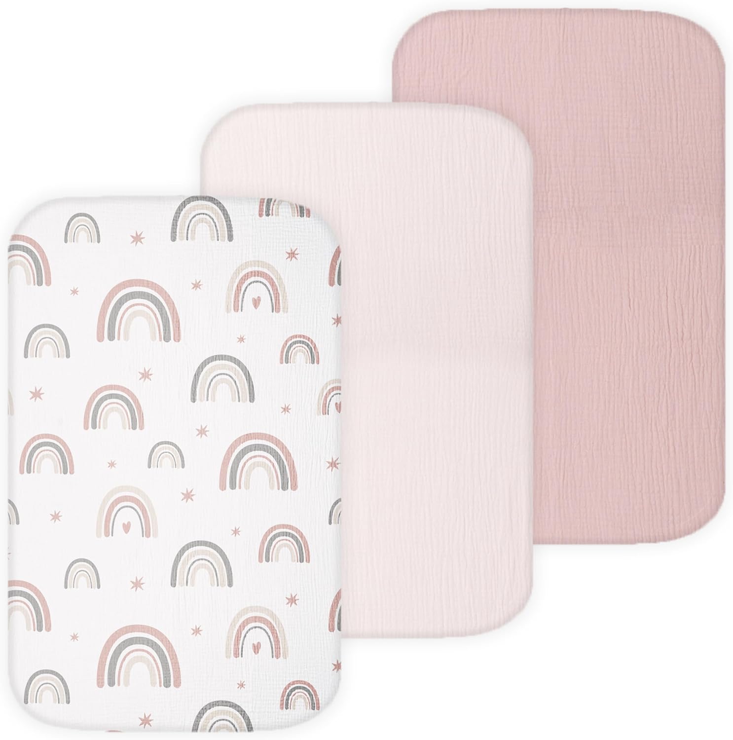 TANSY PANDA Muslin Bassinet Sheets 3 Pack 19x32in Pink Rainbow