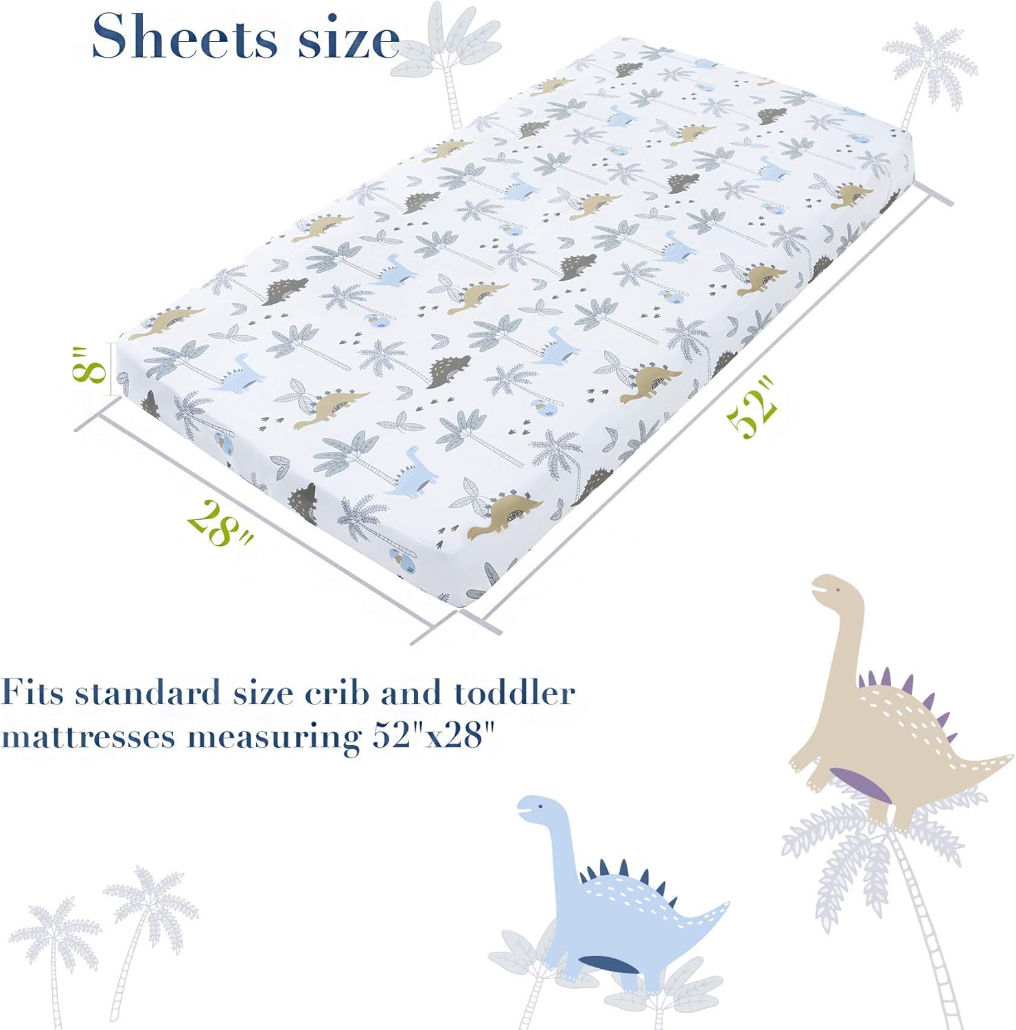100 Cotton Crib Fitted Sheets Dinosaur Design 2 Pack