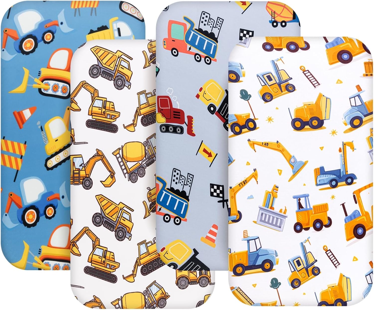 4 Pack Baby Boy Bassinet Sheets Set with Construction Truck and Dinosaur Theme
