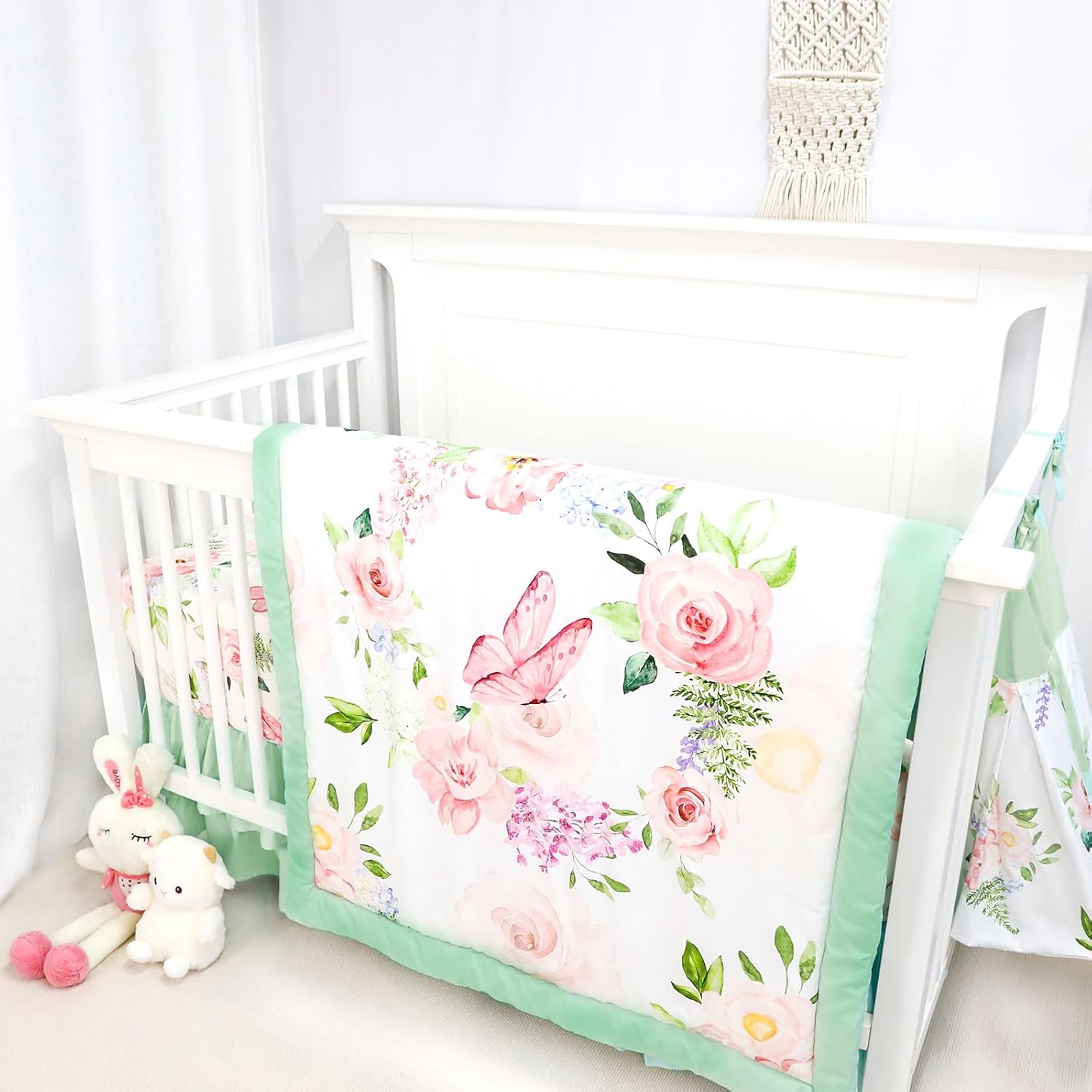 4-Piece Crib Bedding Set Green Pink