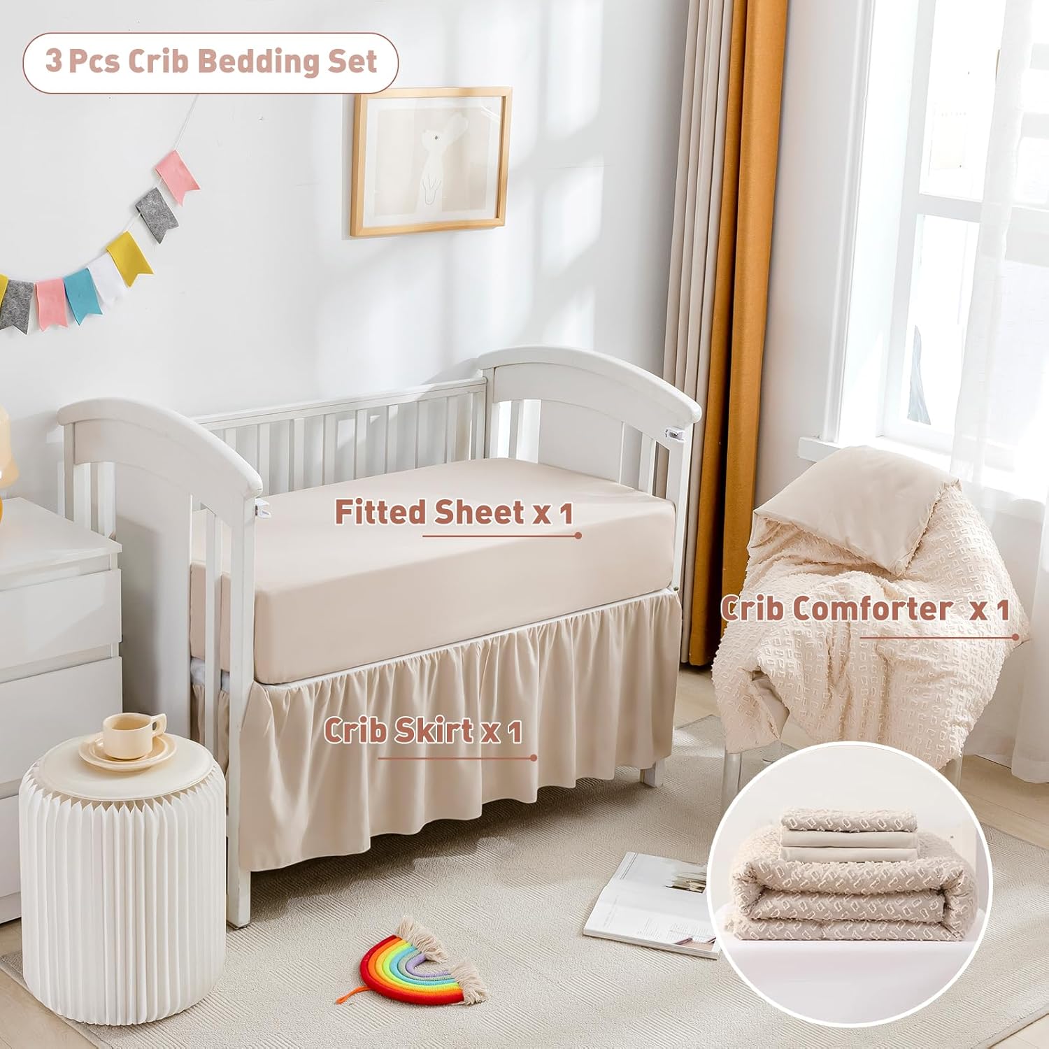Cokouchyi 3 Piece Crib Bedding Set Beige