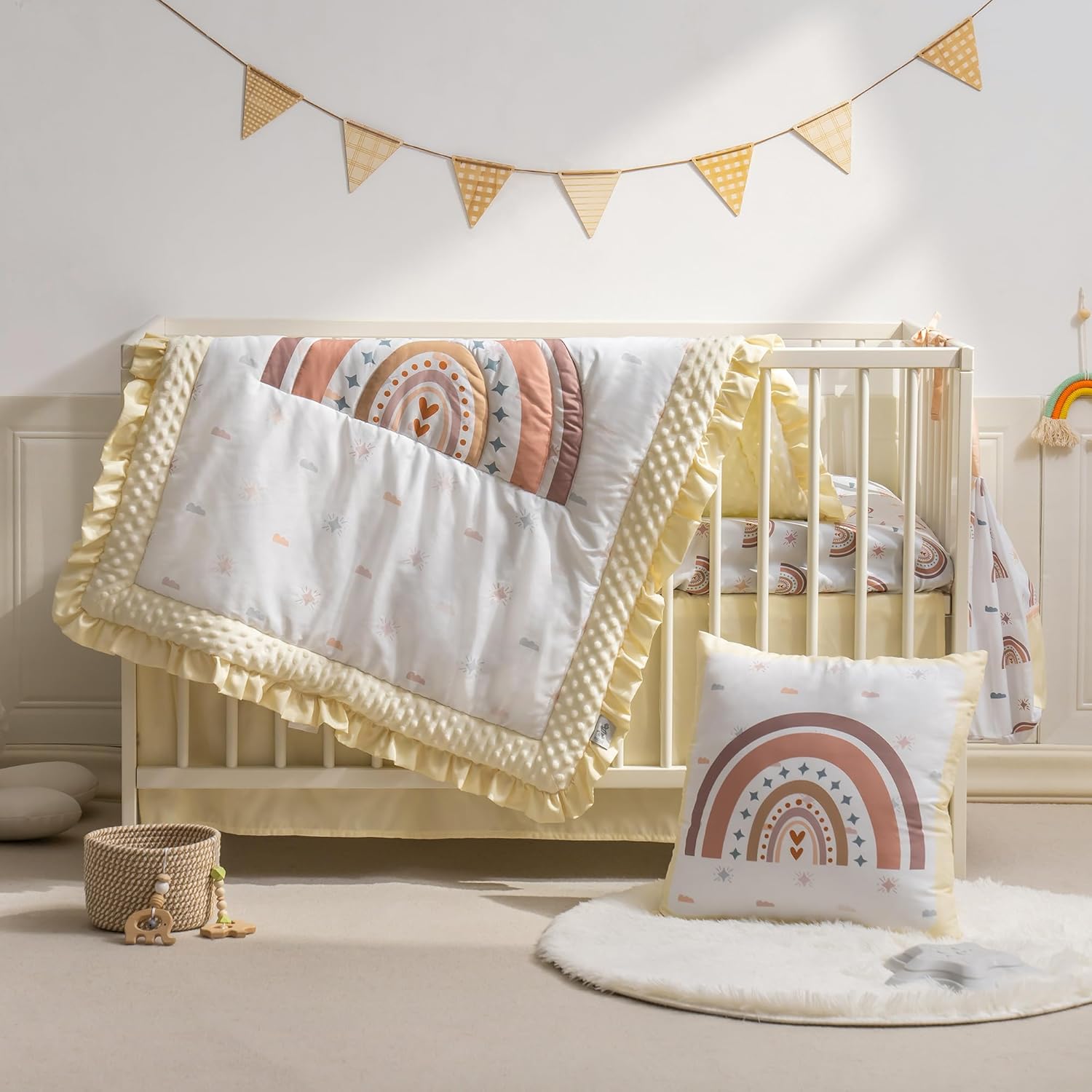 ROBUD Crib Bedding Set for Boy Girl with Rainbow Pattern Beige