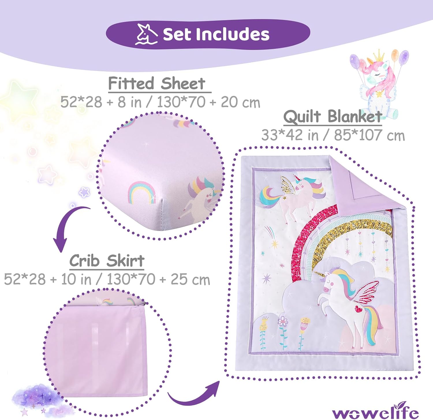 Wowelife Unicorn Crib Bedding Set Purple 3 Pieces