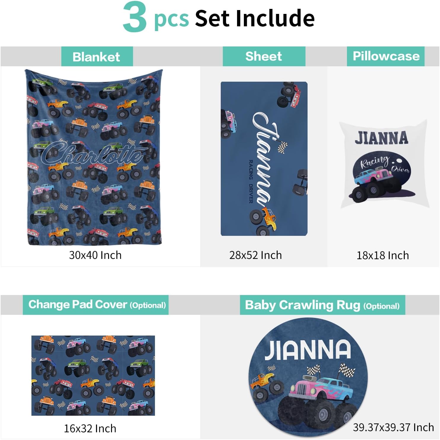 Custom Crib Bedding Set 3 Piece - Monster Trucks Design for Newborns