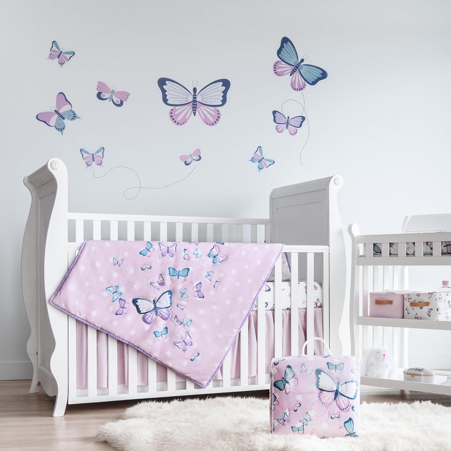 Butterfly Crib Bedding Set for Girls - 5 Piece White Pink