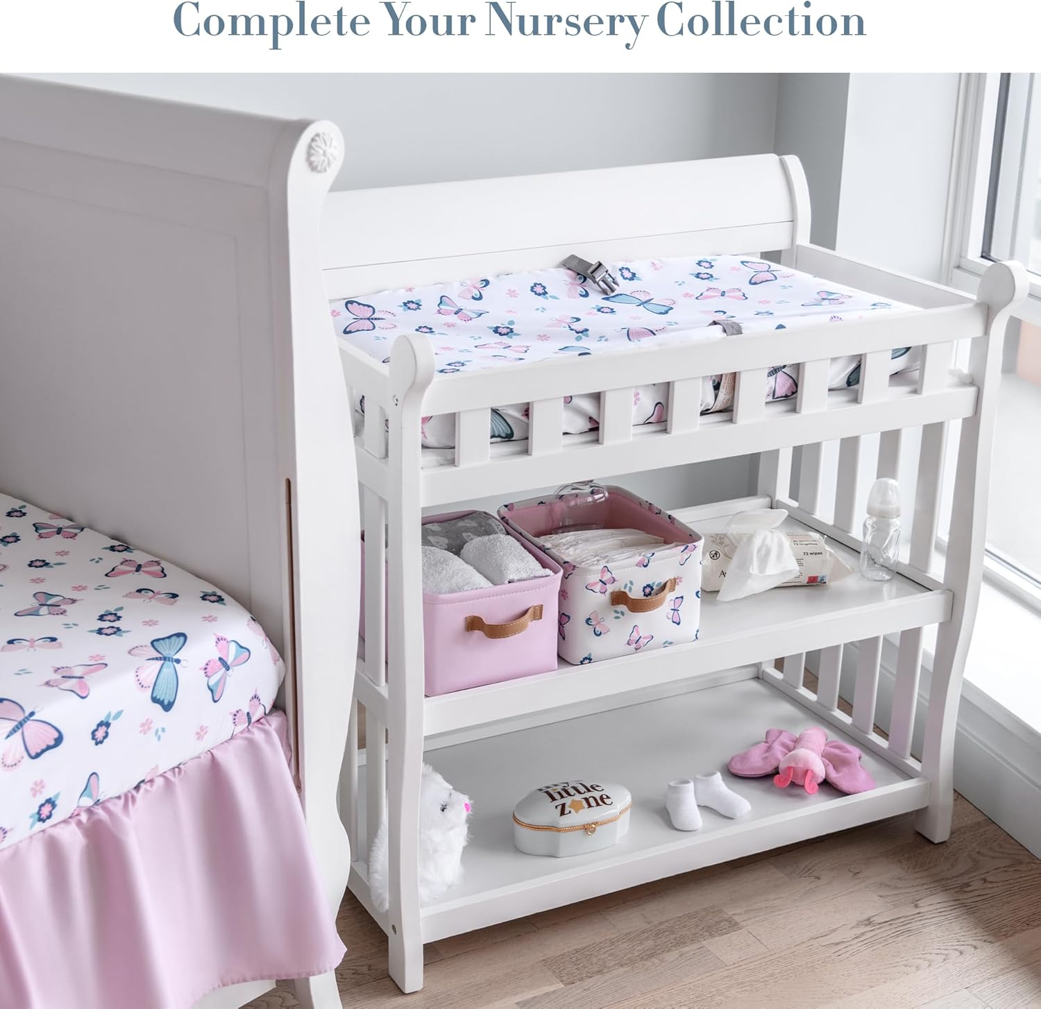 Butterfly Crib Bedding Set for Girls - 5 Piece White Pink