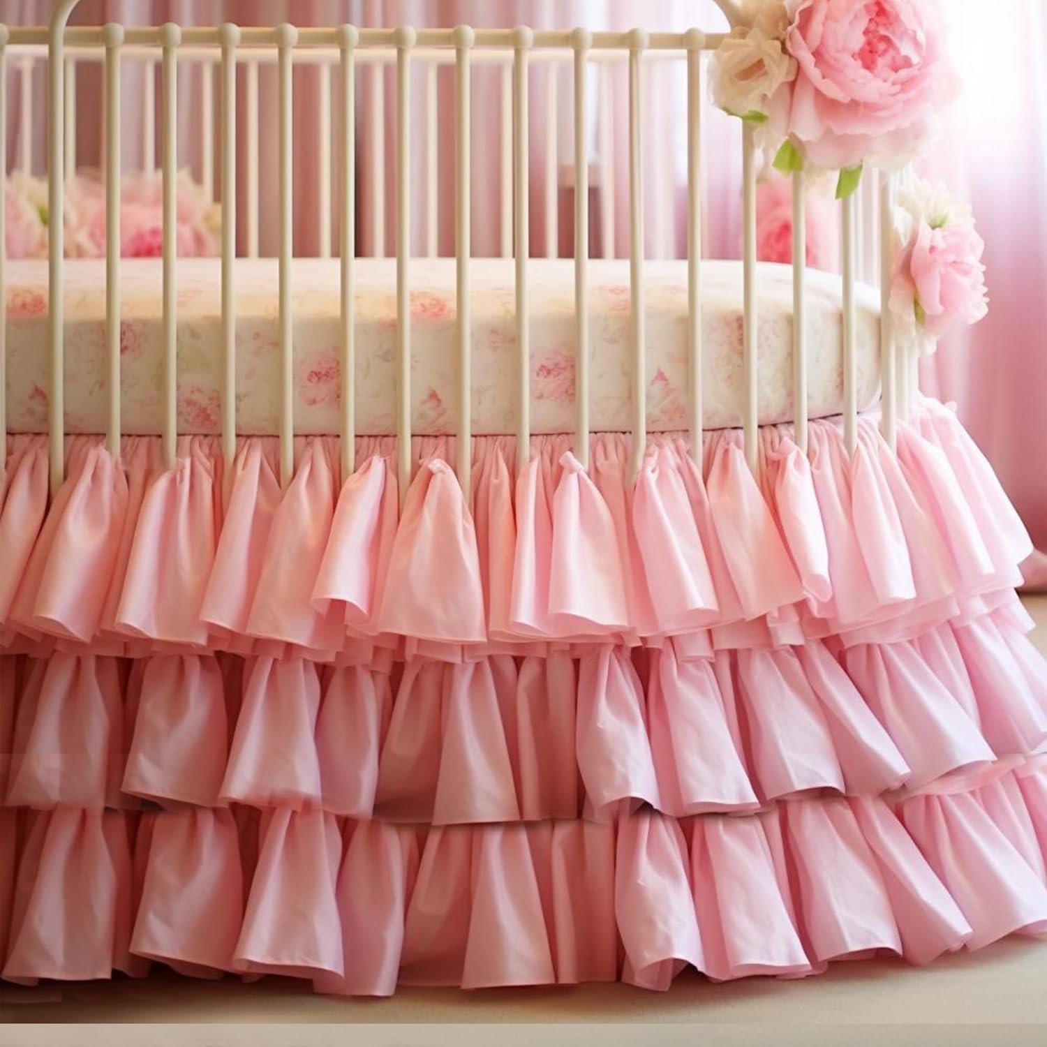CATPAN Ruffled Crib Skirt 3 Tiered Pink Drop 177