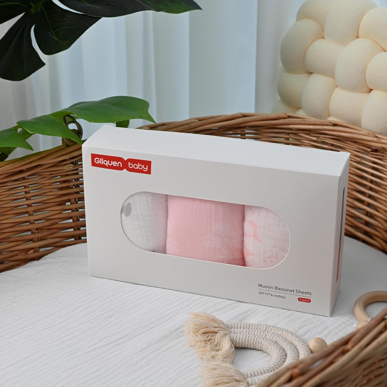 GLLQUEN Baby Muslin Bassinet Sheets 3 Pack - Pink 1