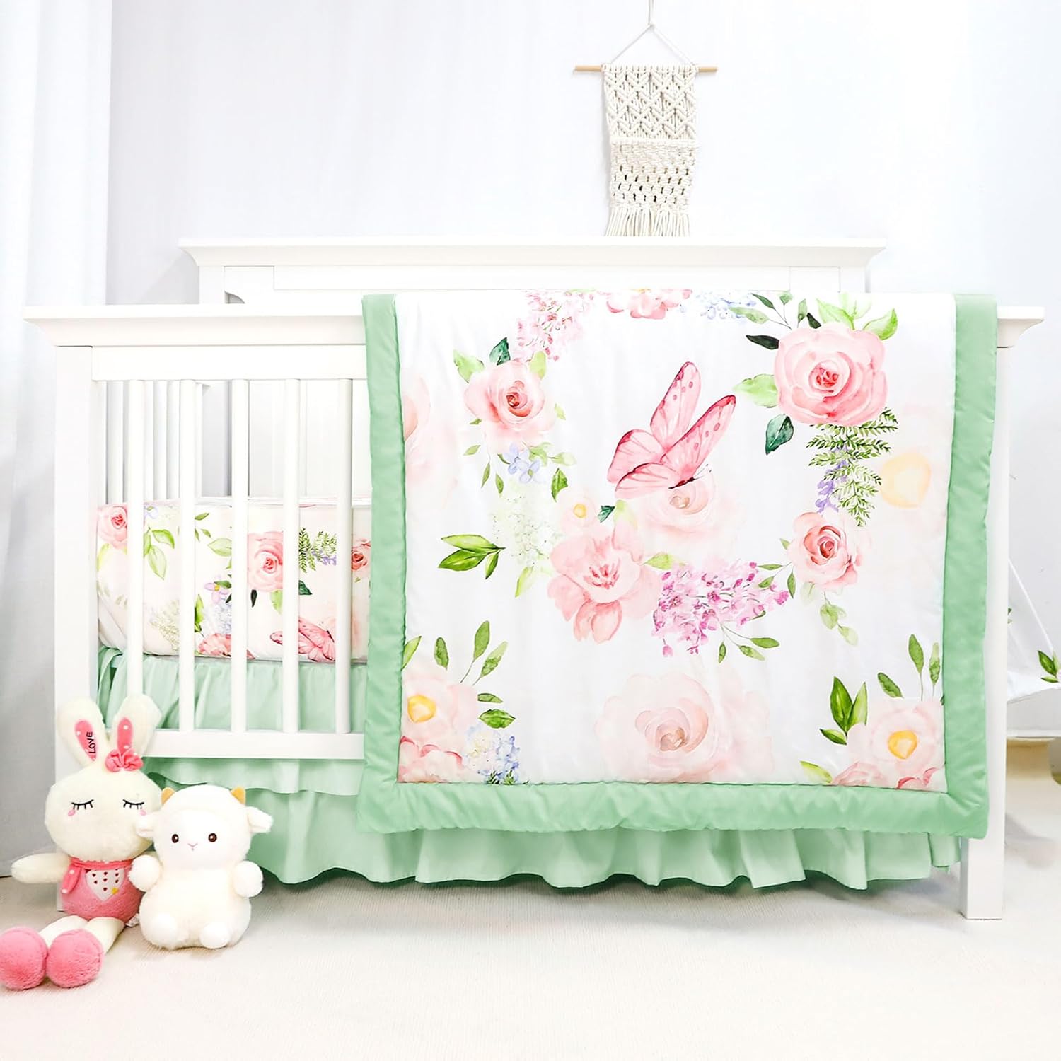 4-Piece Crib Bedding Set Green Pink