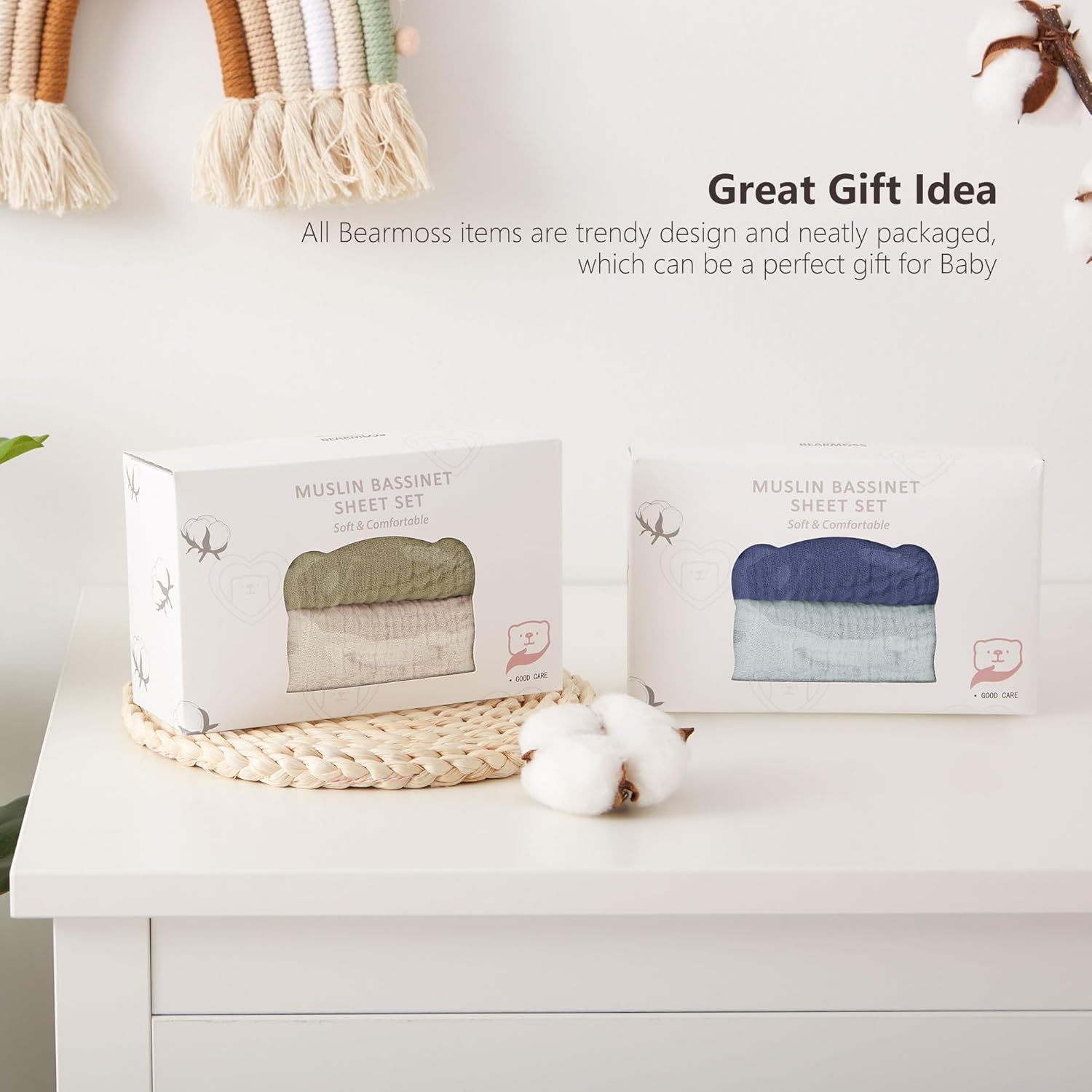 Bearmoss Bassinet Sheets 2 Pack - Muslin Cotton for Baby Boy and Girl