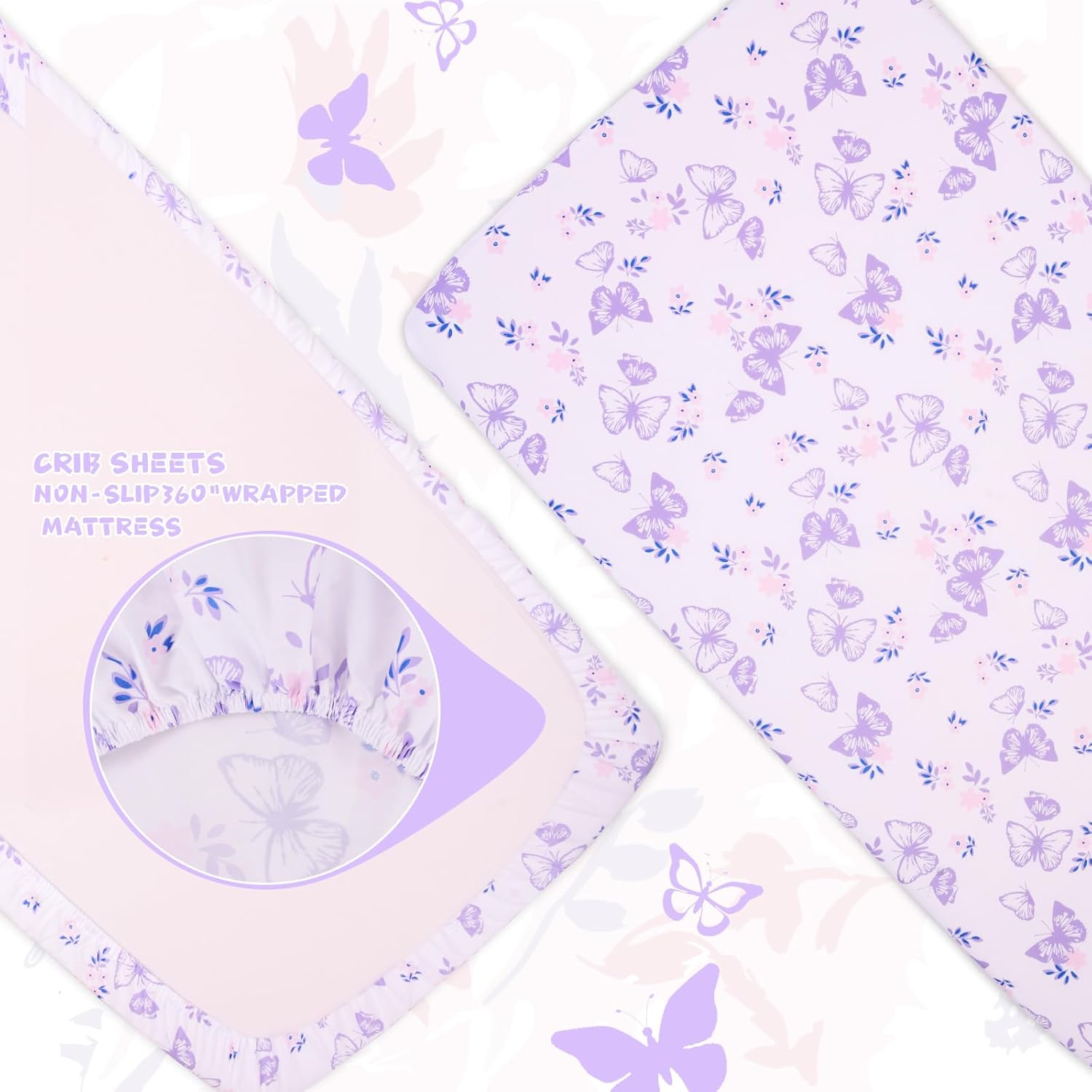 Cloele Floral Butterfly Crib Bedding Set for Girls 3 Pieces Purple