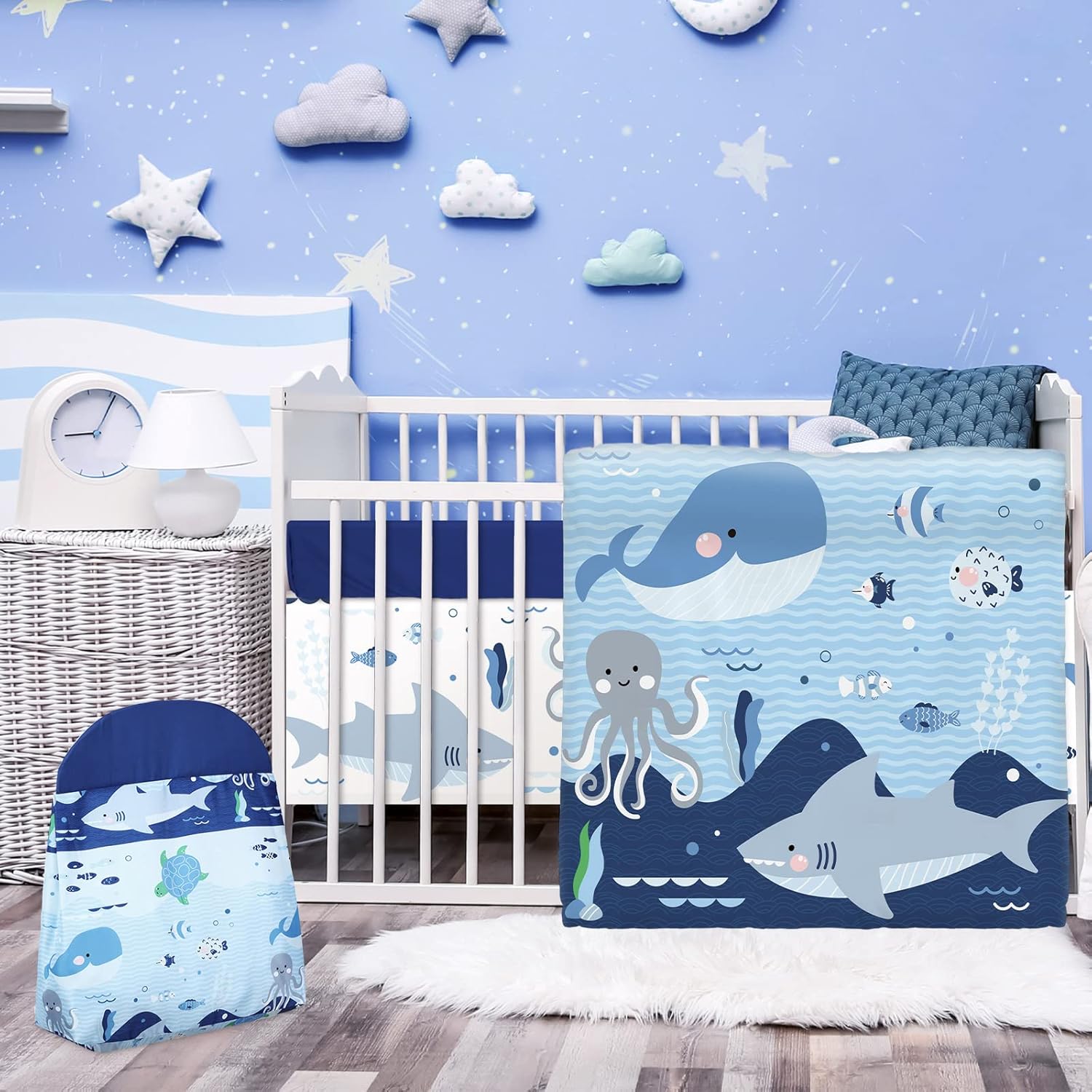 Rtteri 4-Piece Baby Crib Bedding Set with Whale Print