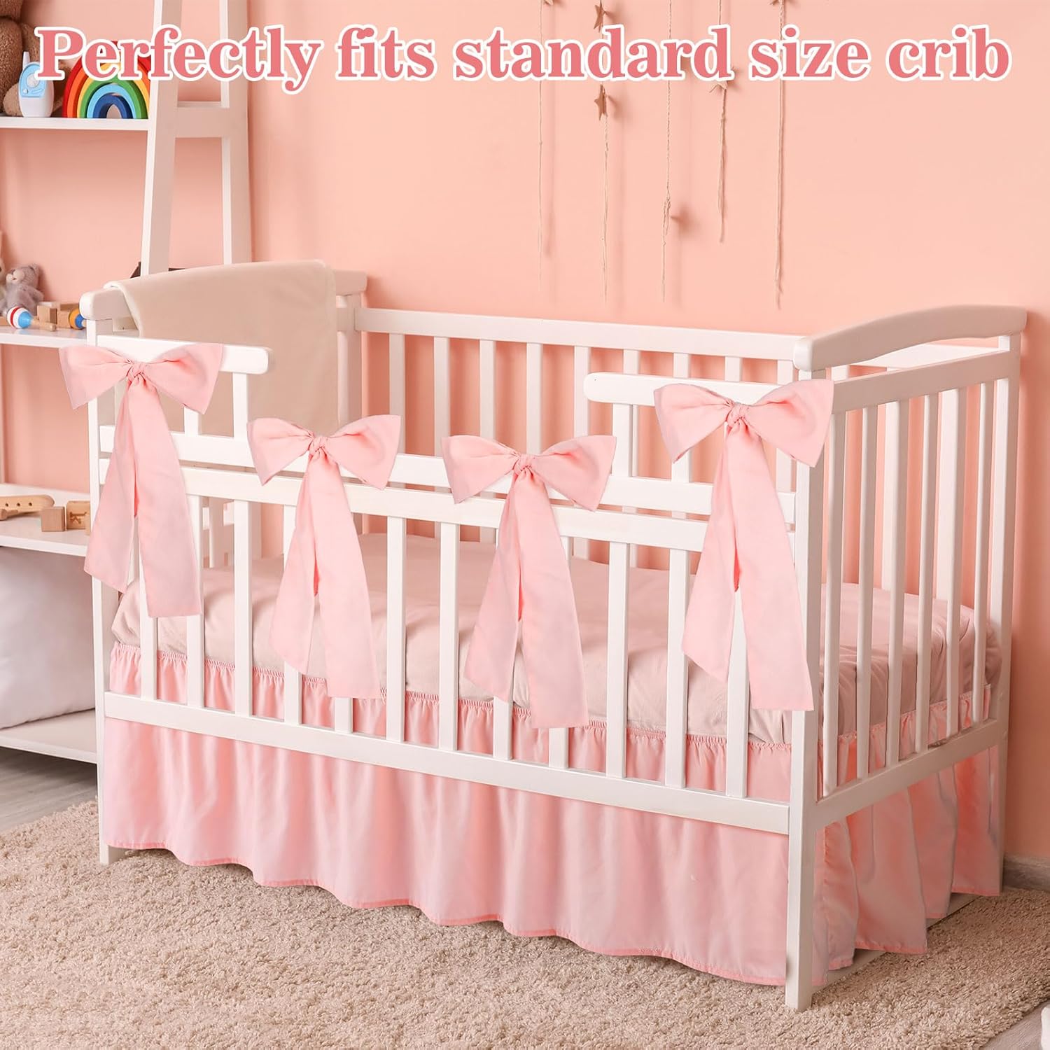 Pink Crib Skirt with 4 Large Cot Bow Baby Bed Skirt