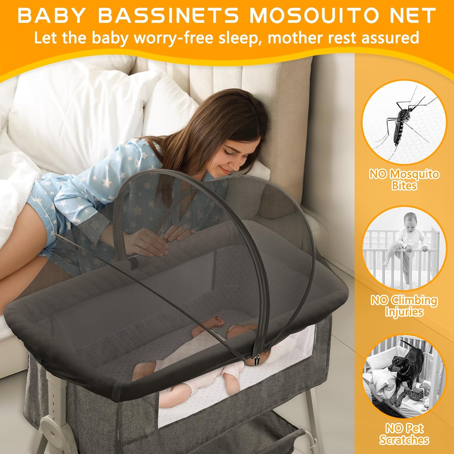 Bassinet Mosquito Net Cover - Pet-Proof with 2-Way Zipper Black-Small