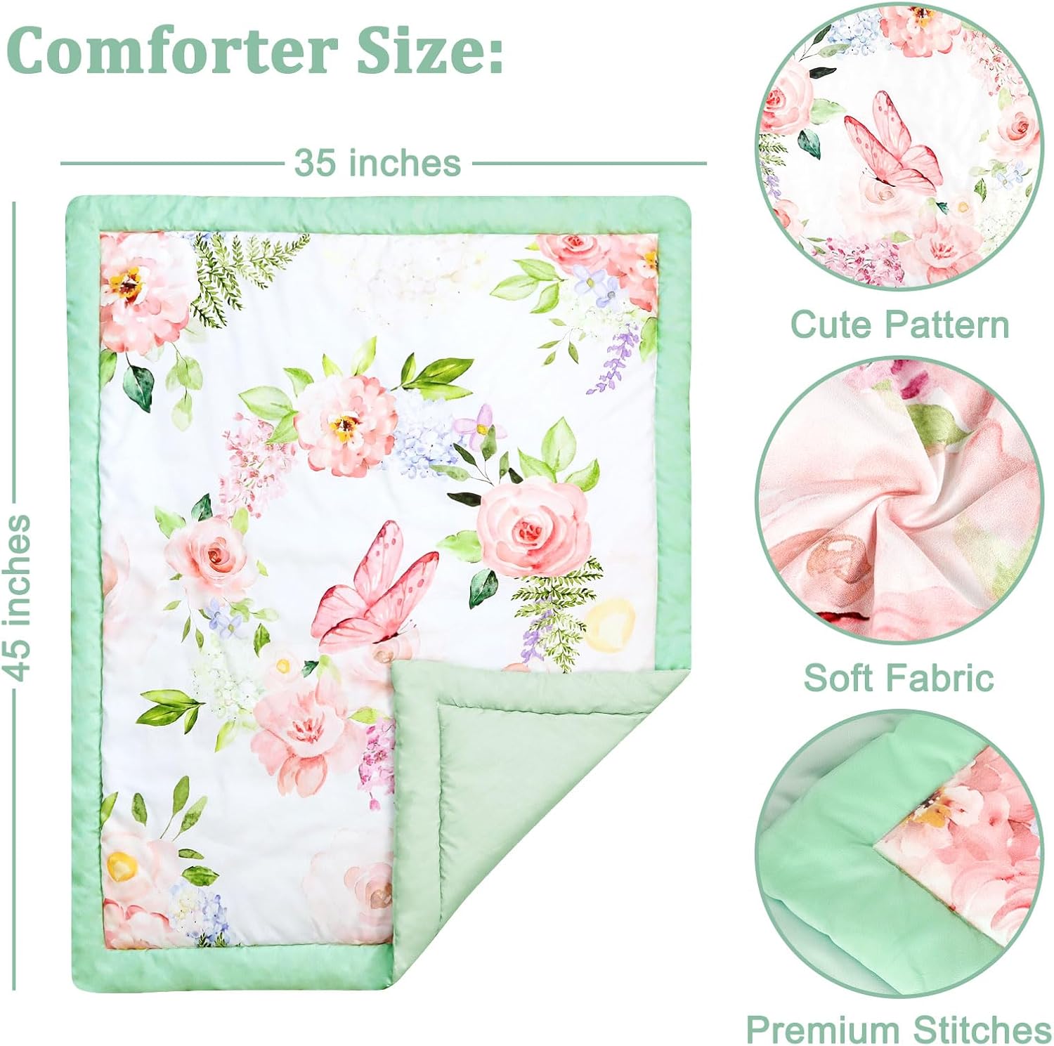 4-Piece Crib Bedding Set Green Pink