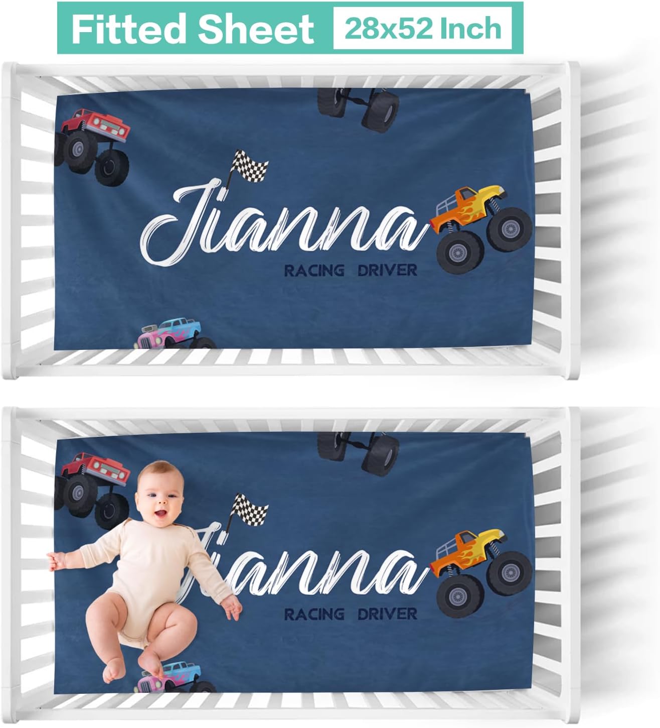 Custom Crib Bedding Set 3 Piece - Monster Trucks Design for Newborns