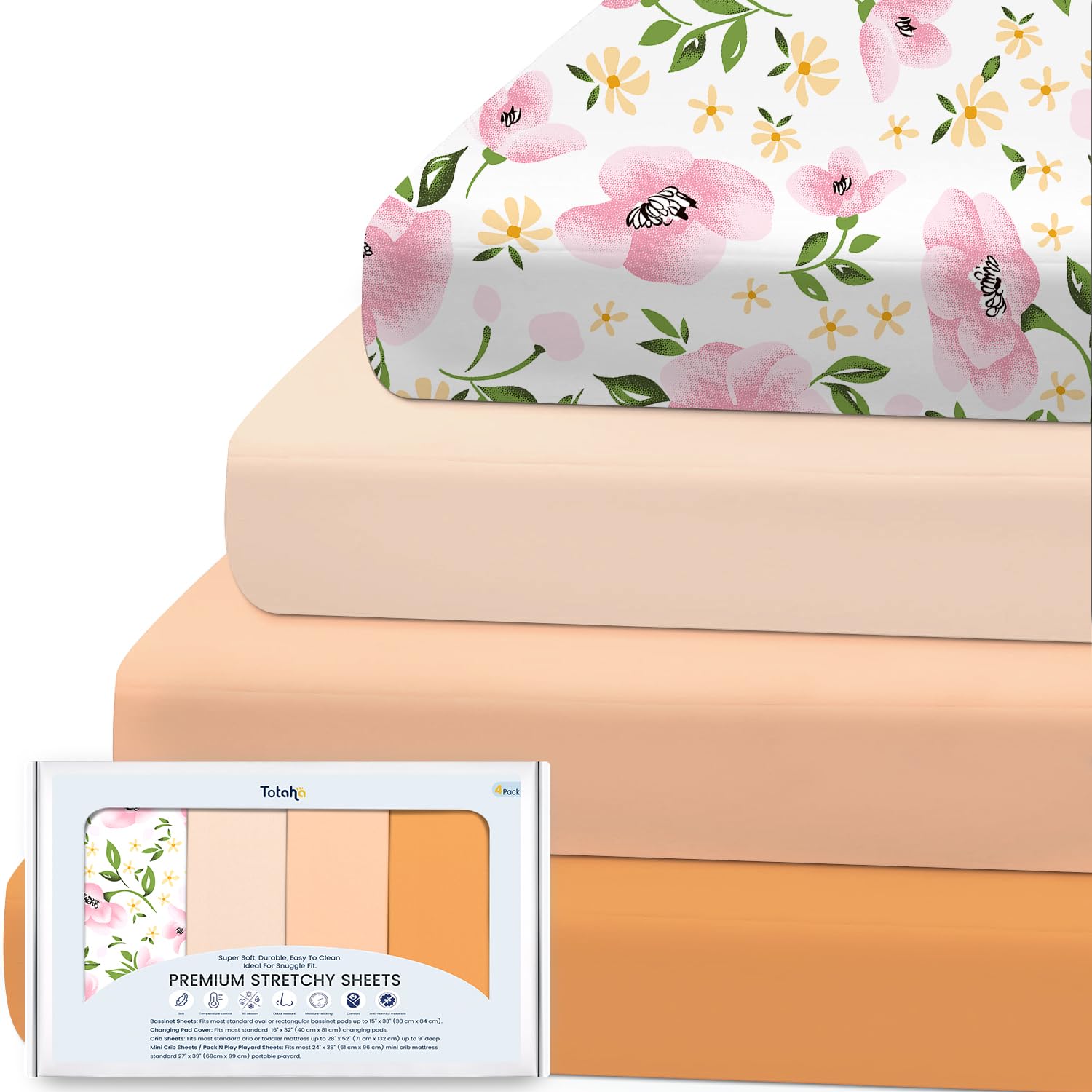 TotAha Premium Stretchy Bassinet Sheets 4-Pack Pale Pink Floral
