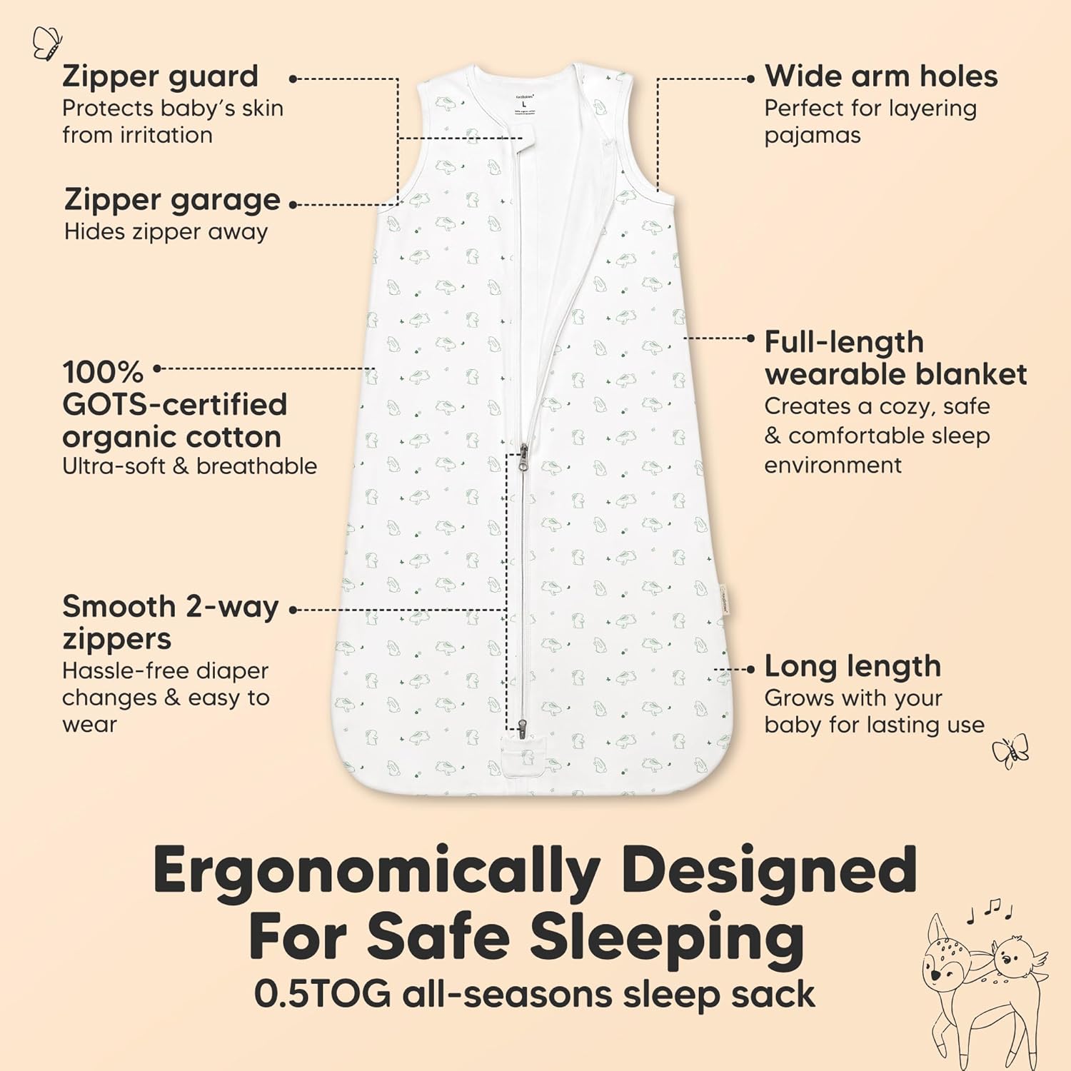 KeaBabies 2-Pack Zipper Sleep Sacks - 05TOG Organic Cotton Bunnies