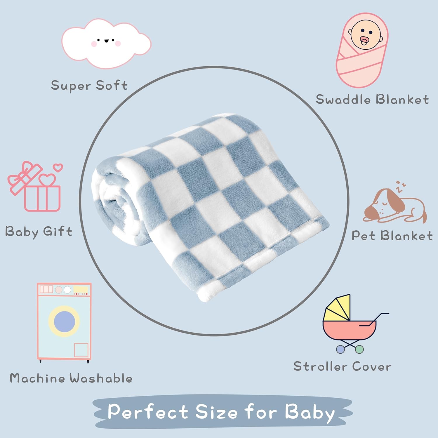 Yurhap Checkered Baby Blanket Fleece 30x40 Blue 1
