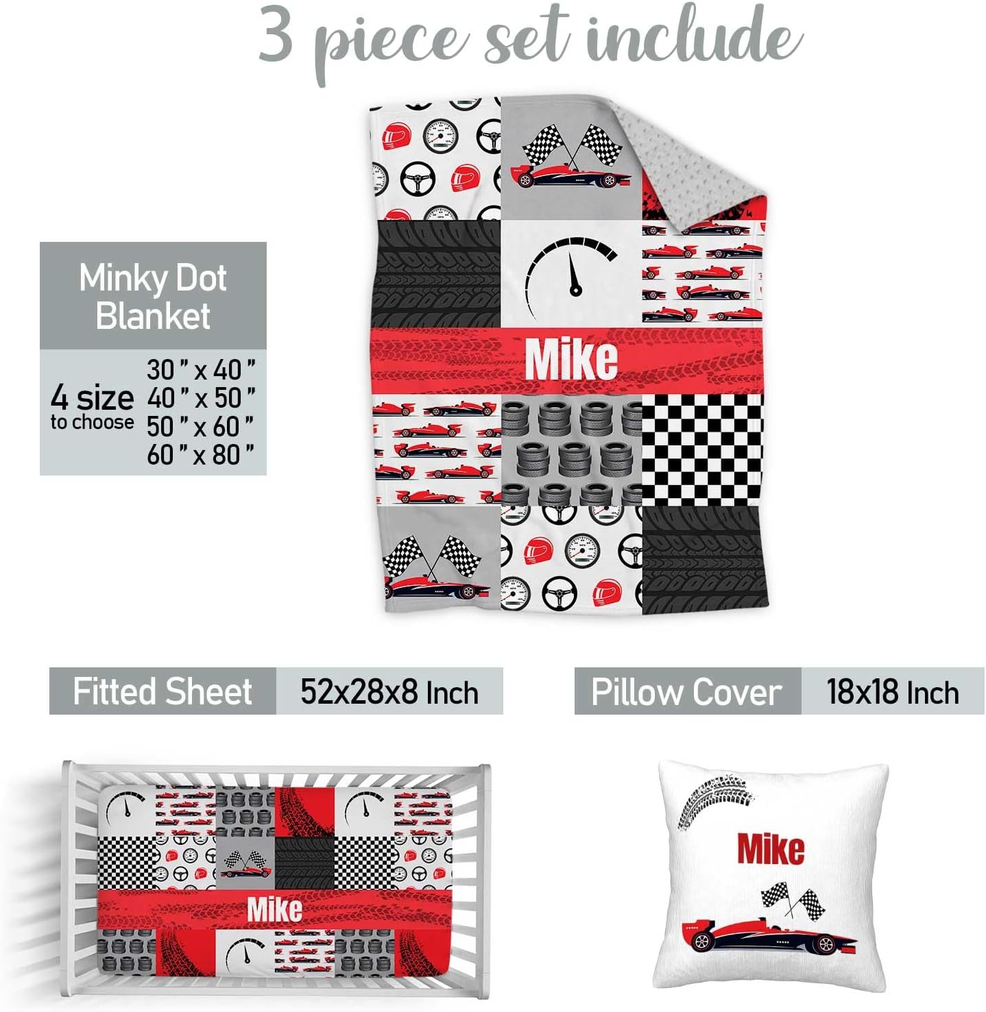 Custom Baby Crib Bedding Set with Name and Race Car Design