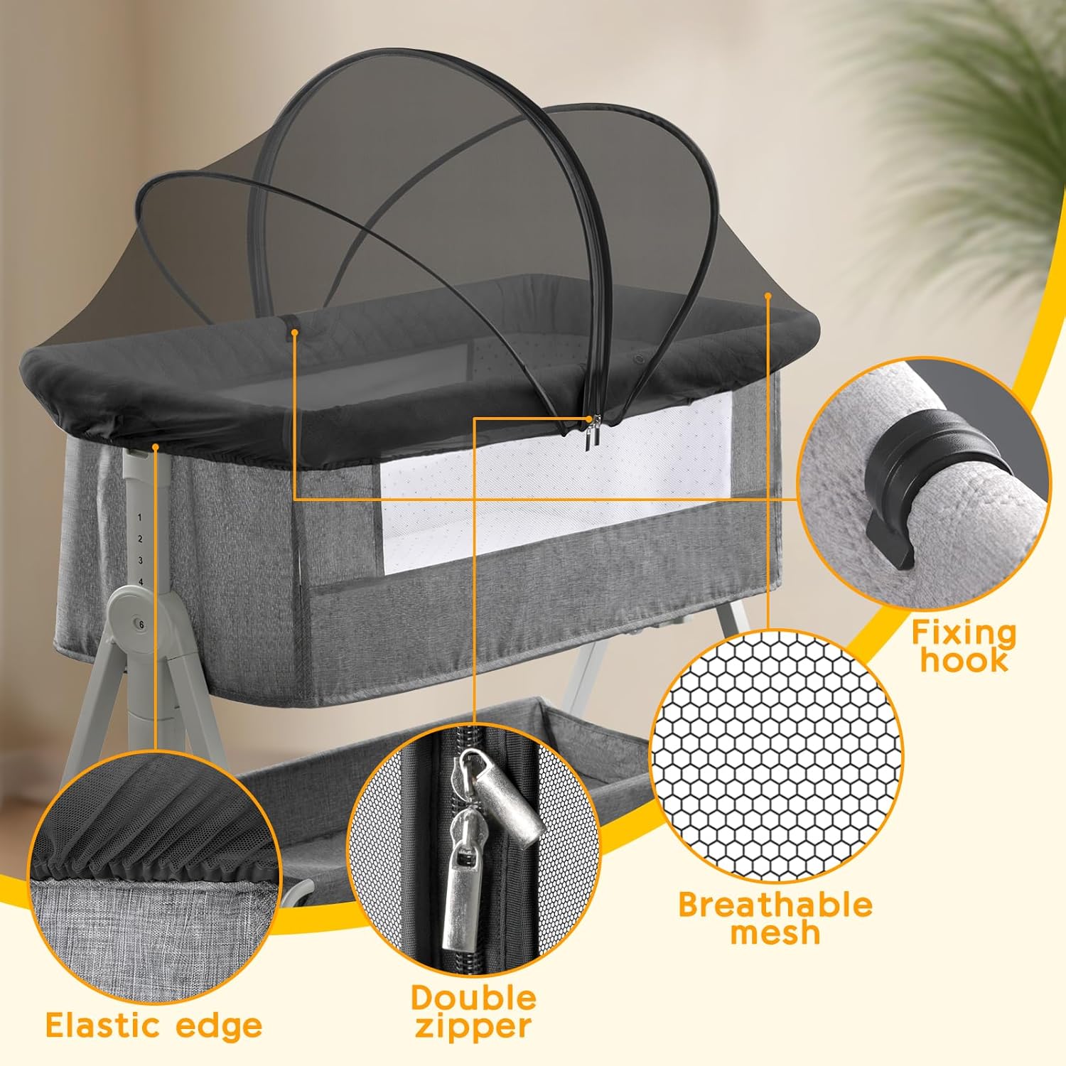 Bassinet Mosquito Net Cover - Pet-Proof with 2-Way Zipper Black-Small