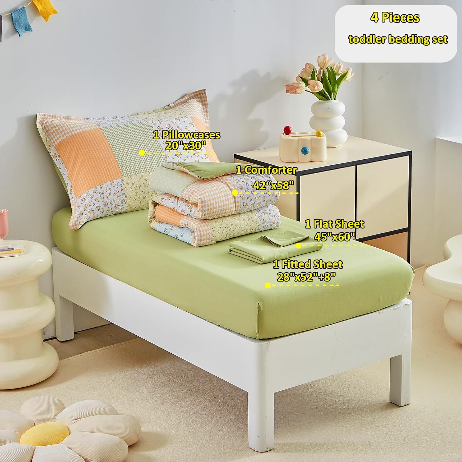 DuShow Toddler Bedding Set 4 Piece Orange Floral