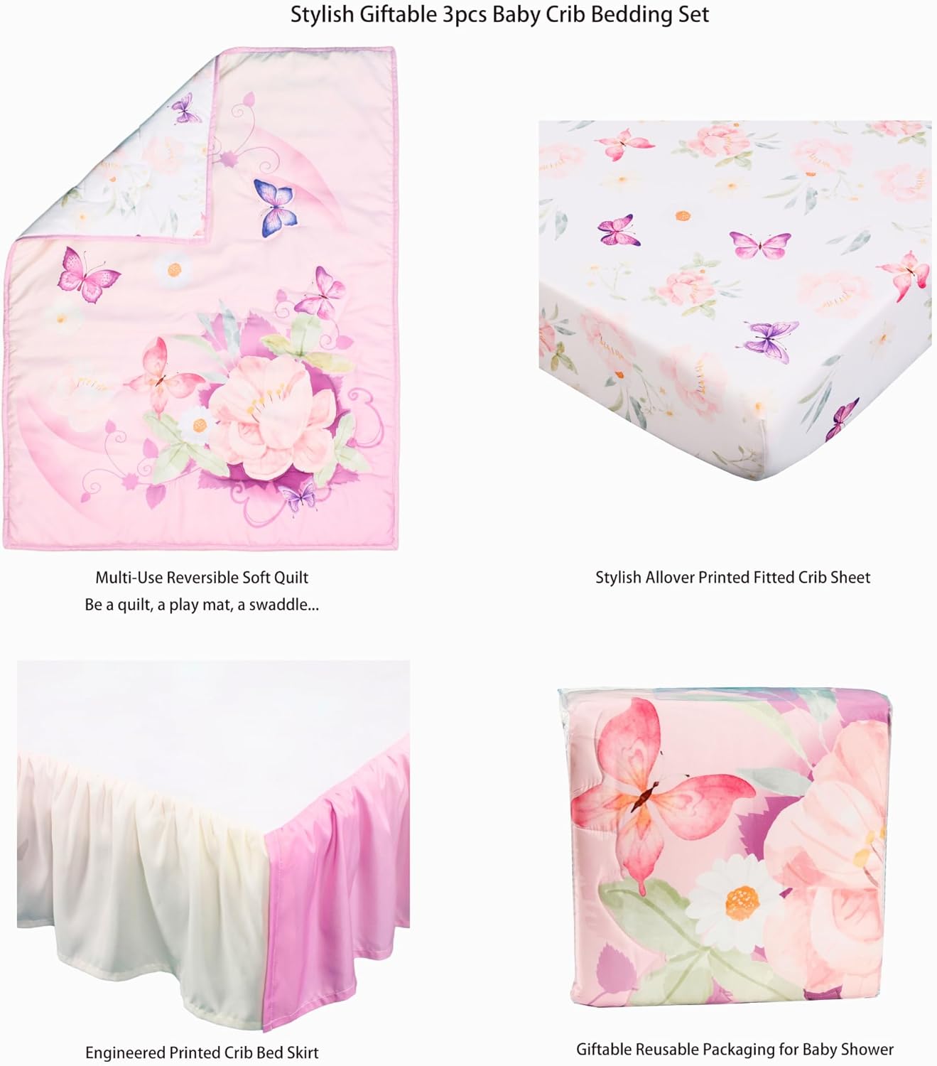 La Premura Baby Girl Crib Bedding Set with Purple Butterfly Design