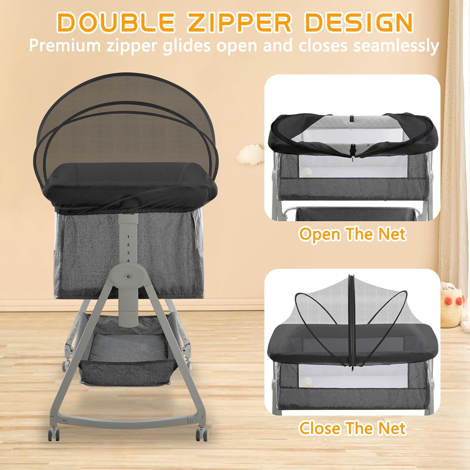 Bassinet Mosquito Net Cover - Pet-Proof with 2-Way Zipper Black-Small