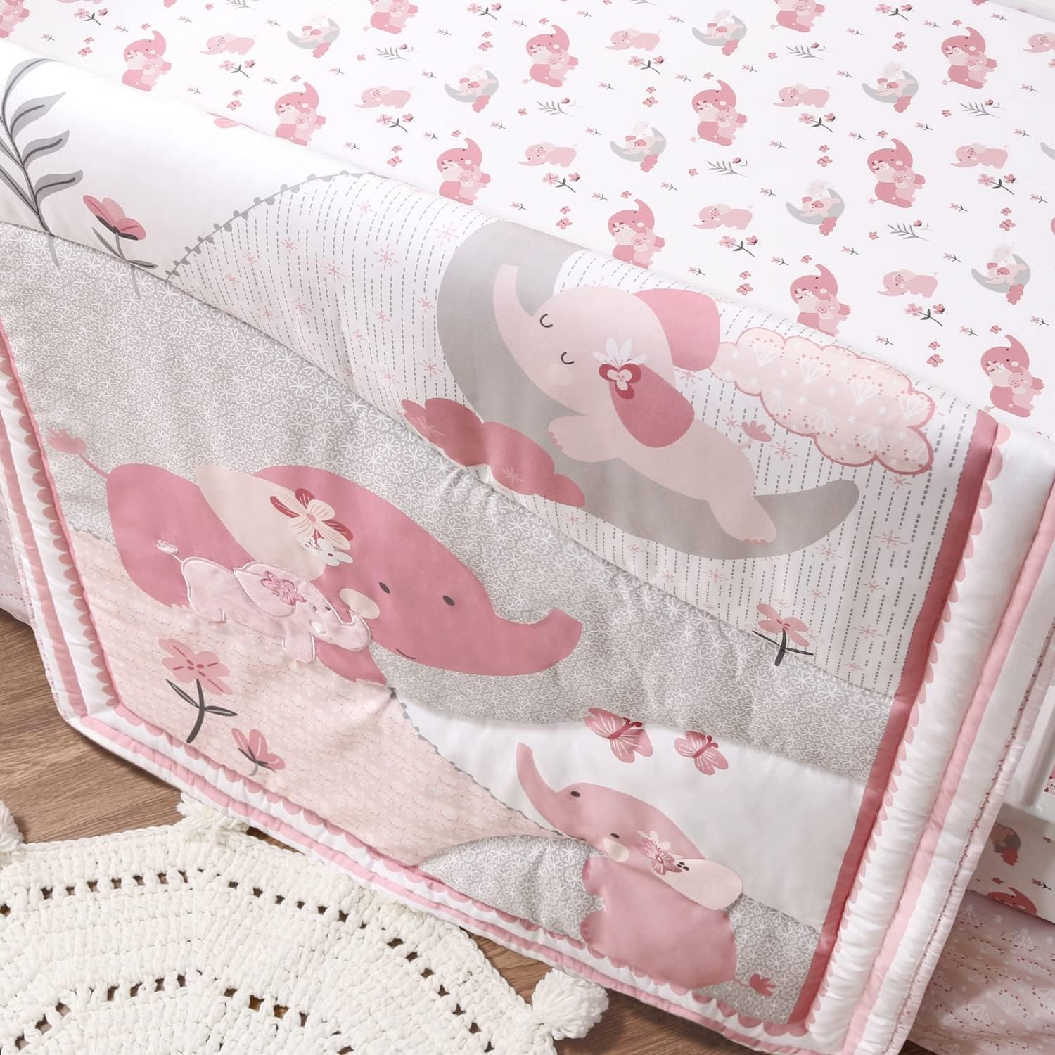 The Peanutshell 3 Piece Crib Bedding Set for Girls - Pink Elephant