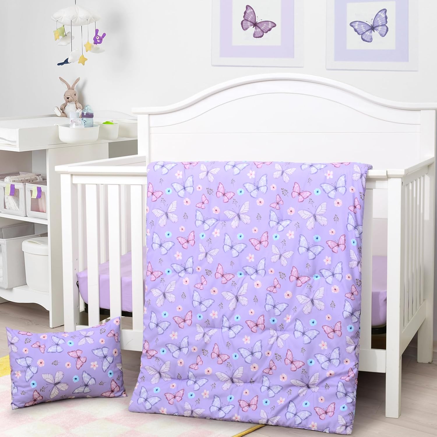 JISEN 3 Piece Crib Bedding Set Butterfly Comforter Set Purple