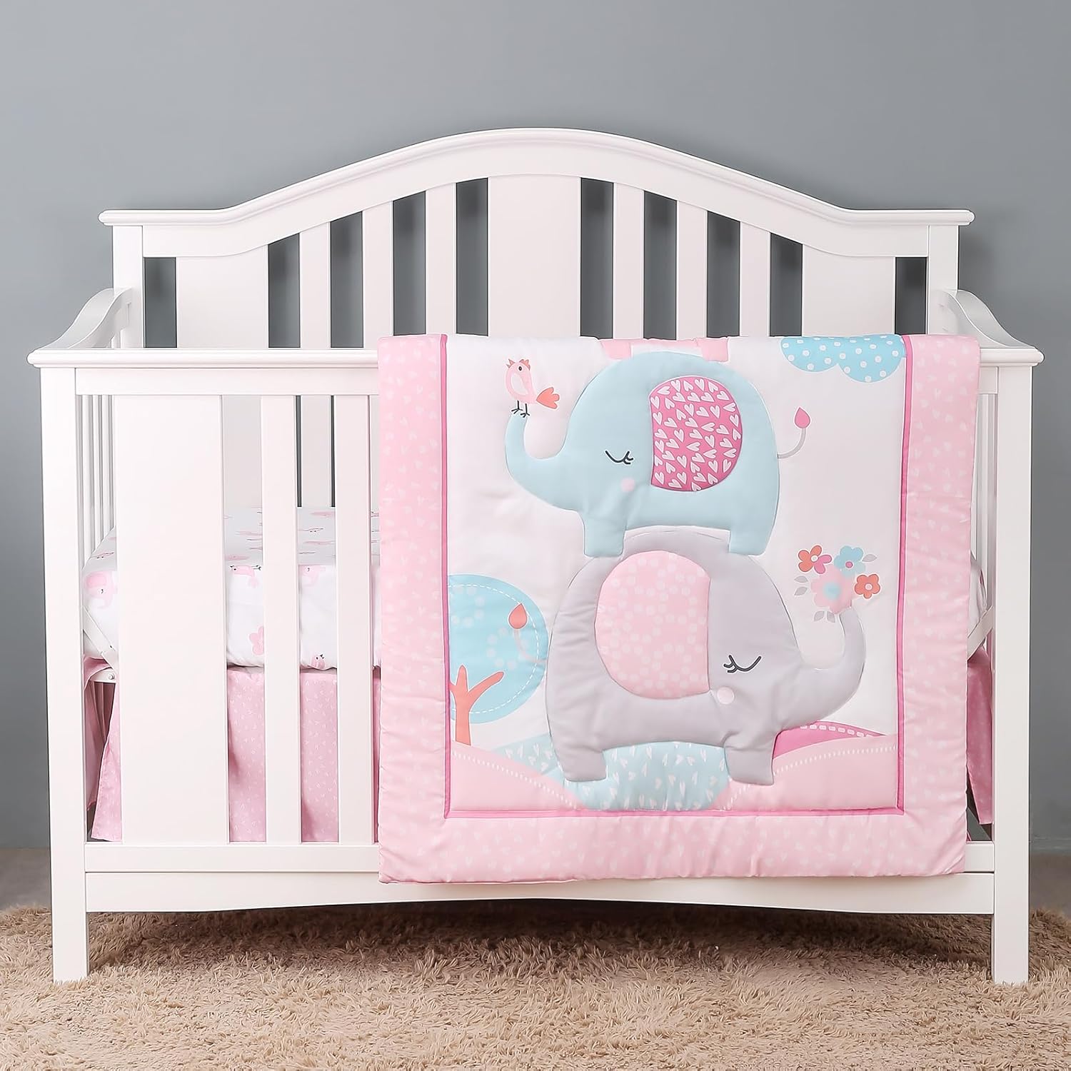 YCDTMY 3 Piece Crib Bedding Set for Girls - Pink Elephant