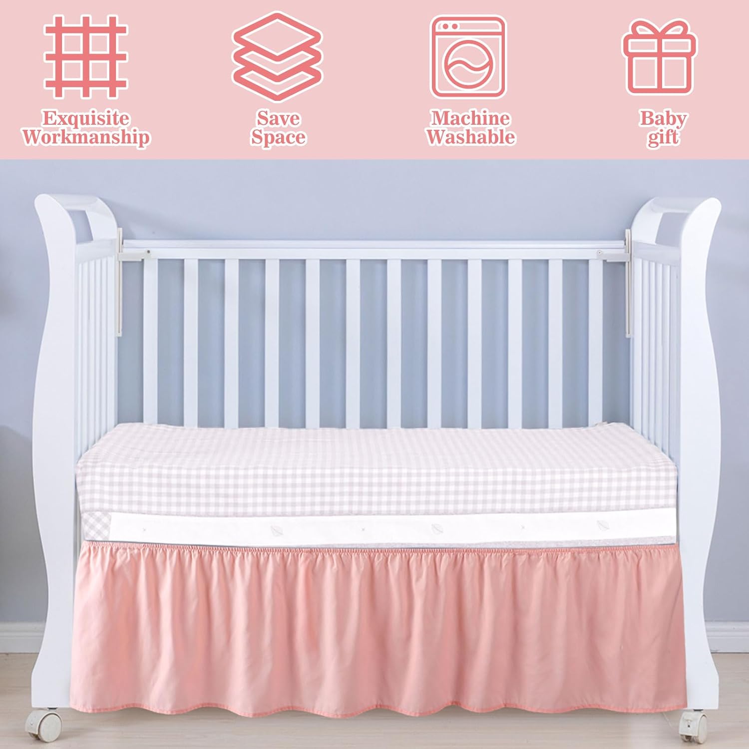 Pink Crib Skirt with 4 Large Cot Bow Baby Bed Skirt