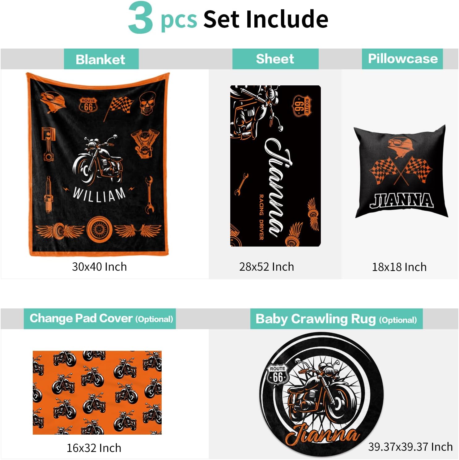 Custom Crib Bedding Set 3 Piece - Motorcycle Design for Newborns