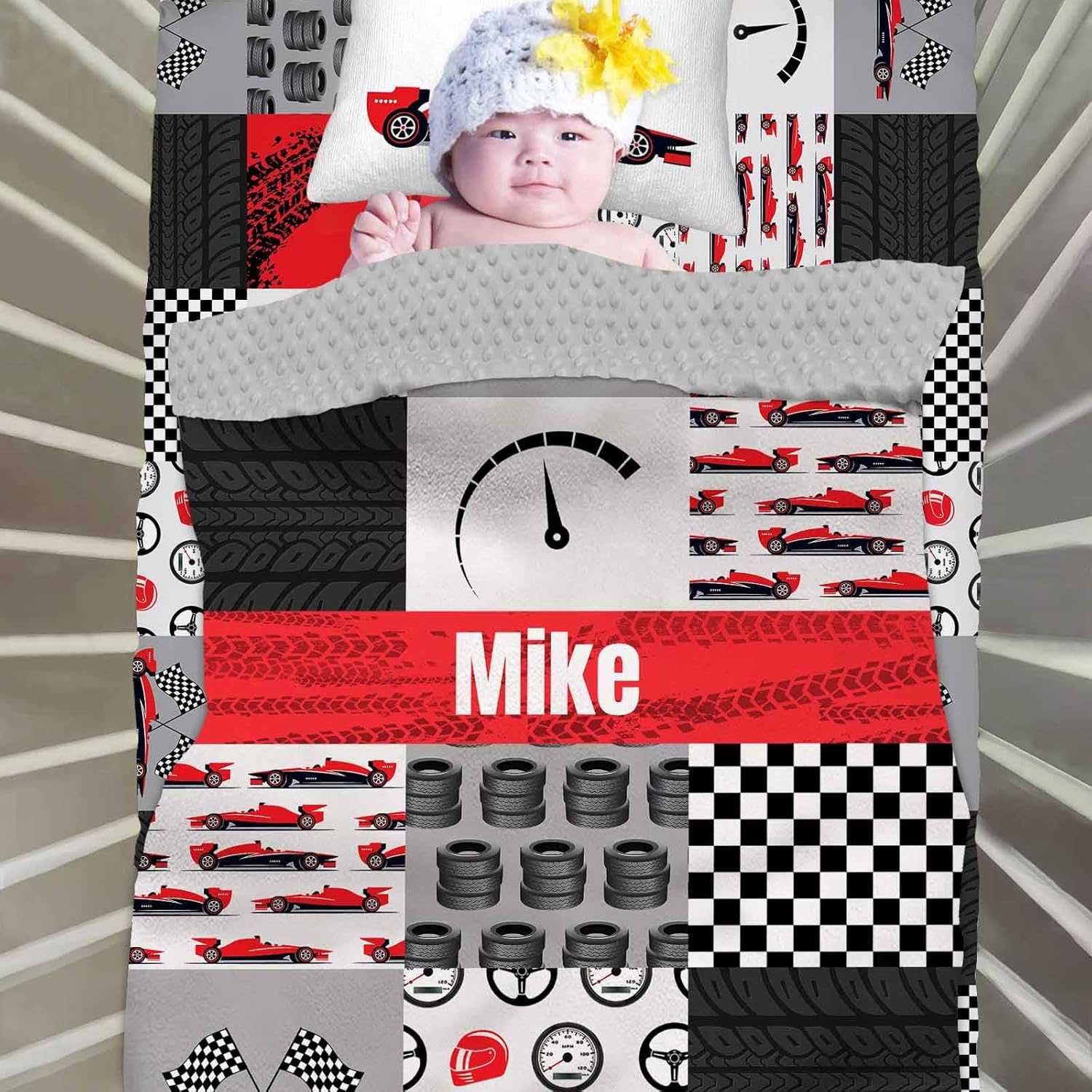 Custom Baby Crib Bedding Set with Name and Race Car Design