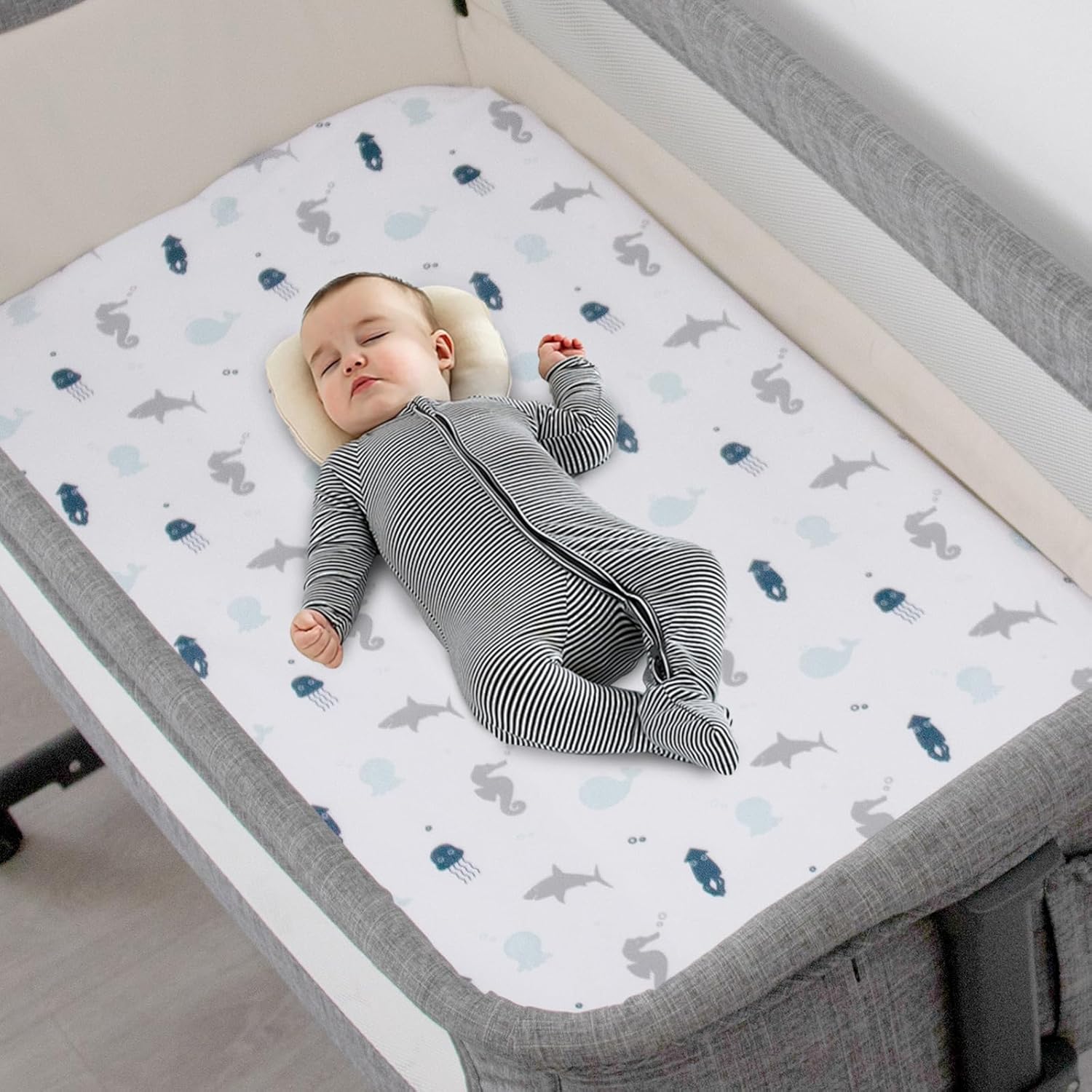SPRINGSPIRIT Bassinet Fitted Sheets 4 Pack Aqua Dinosaurs