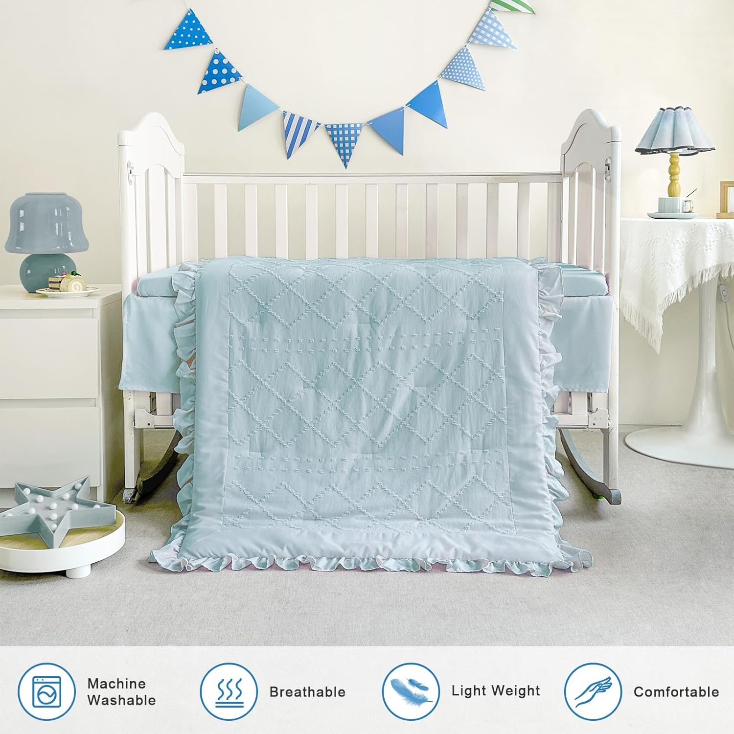 Wowelife Baby Crib Bedding Set for Girls 3 Piece Boho Blue