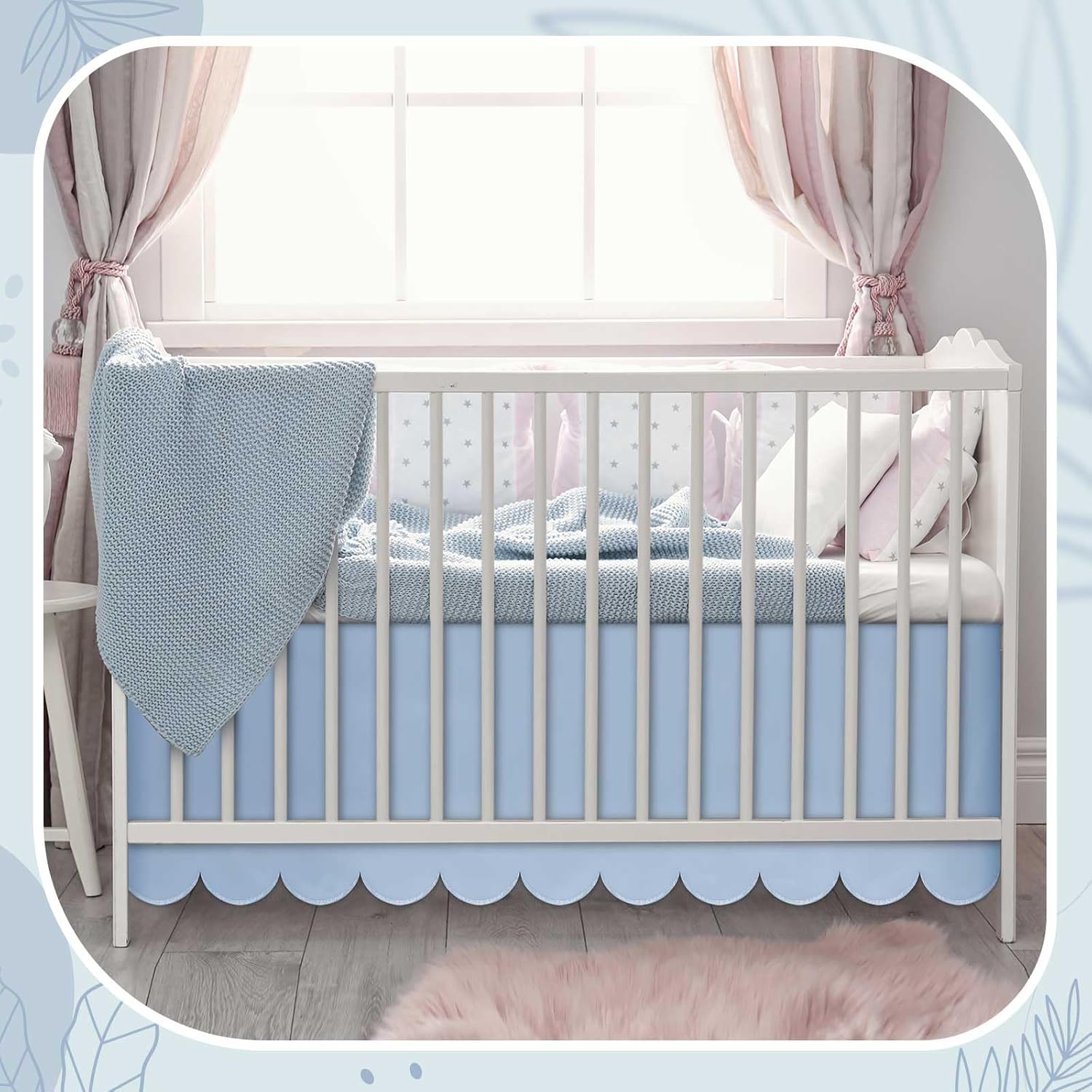 Hahafelt Blue Scalloped Crib Skirt with 14 Drop Pleat