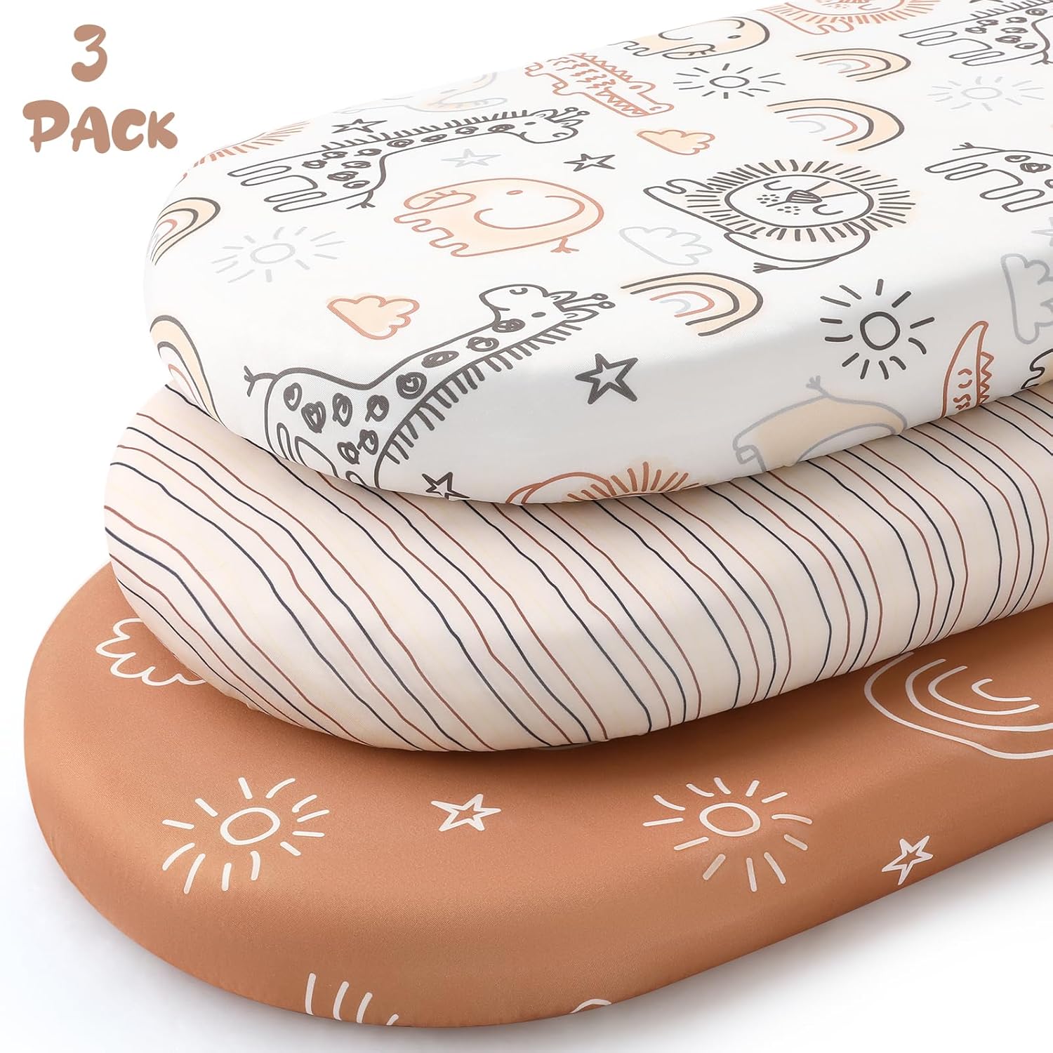 Yoofoss Bassinet Sheets 3-Pack Brown Animals